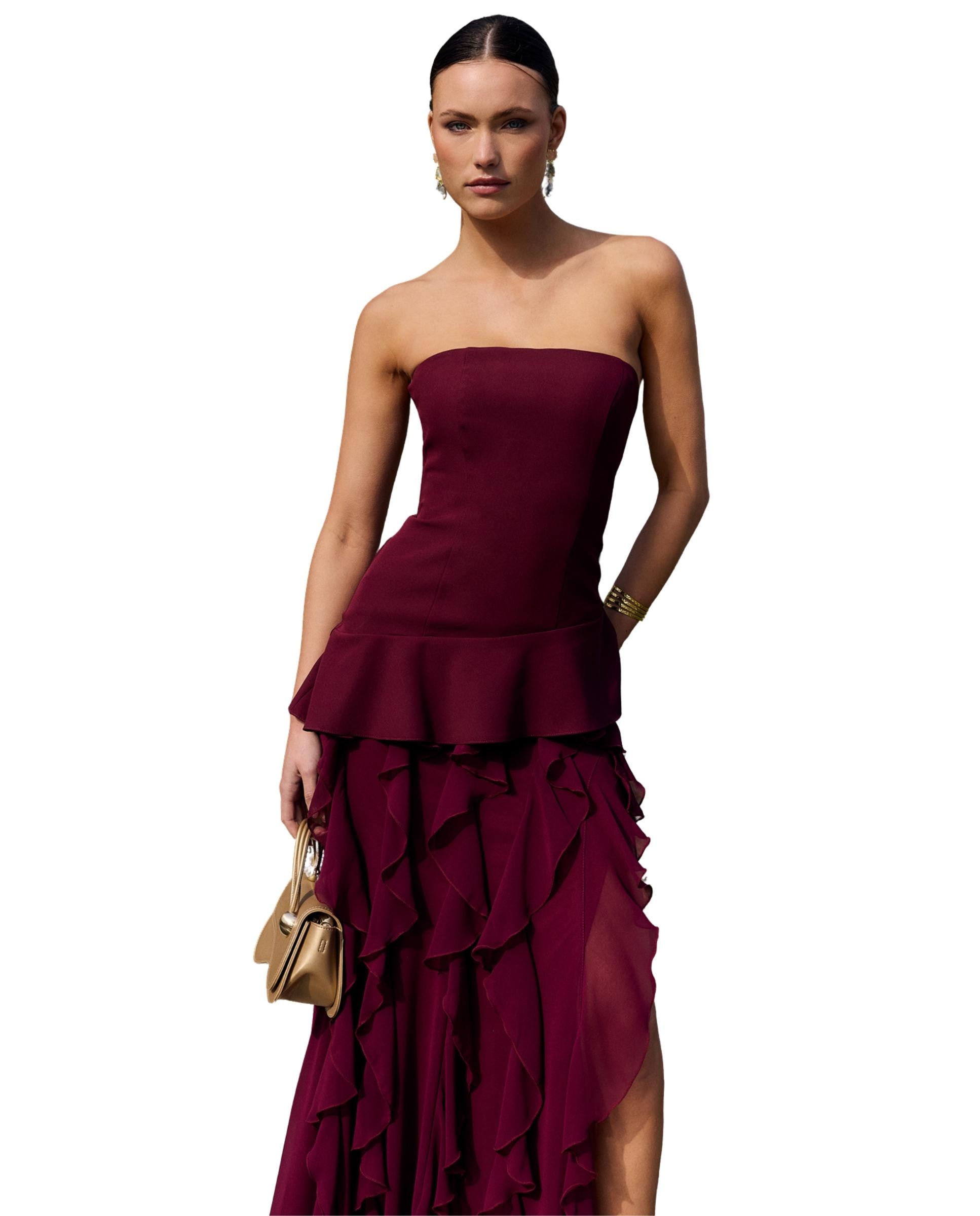Vestido Comprido Cai-cai com Folhos na Saia Bordeaux-2