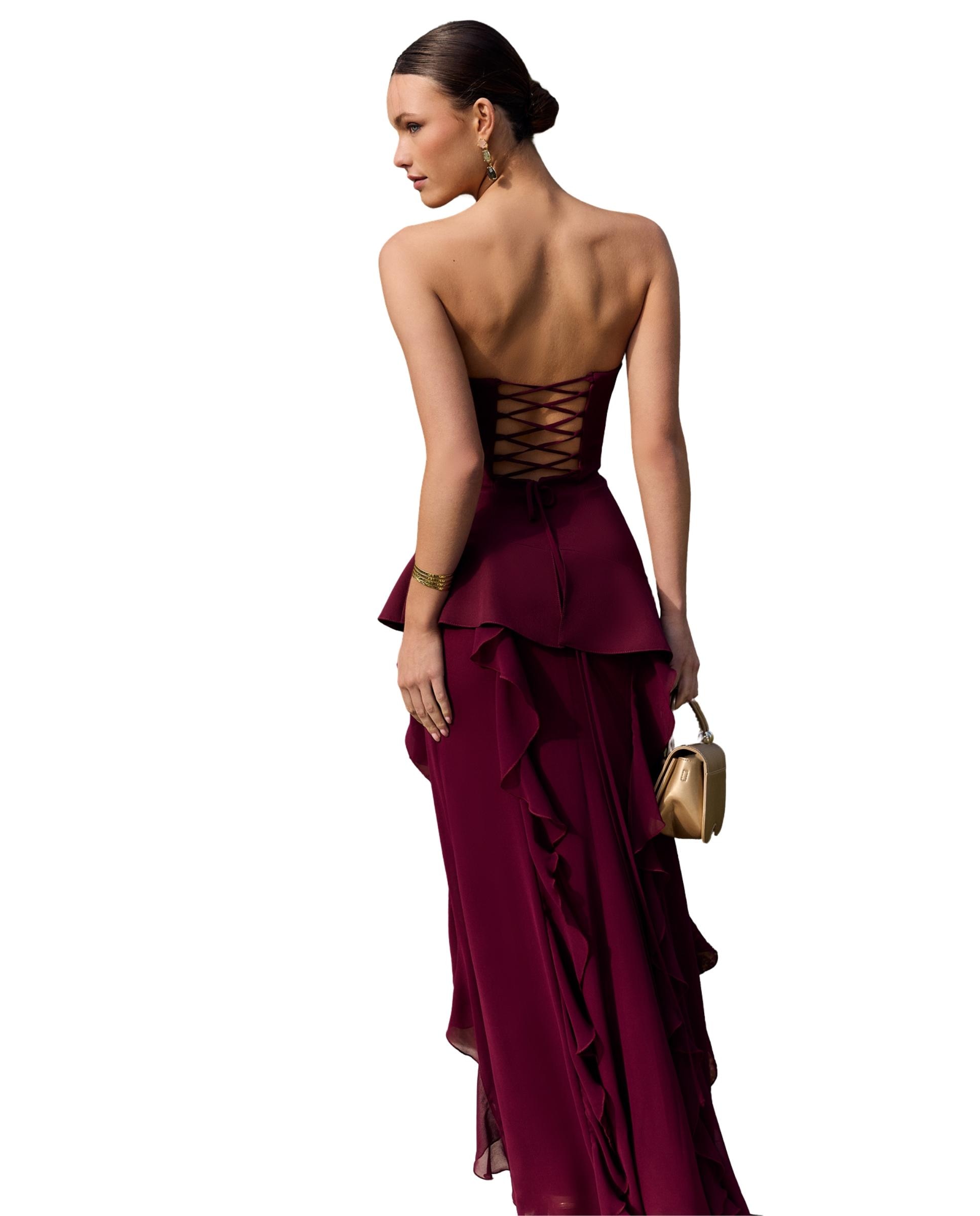 Vestido Comprido Cai-cai com Folhos na Saia Bordeaux-3