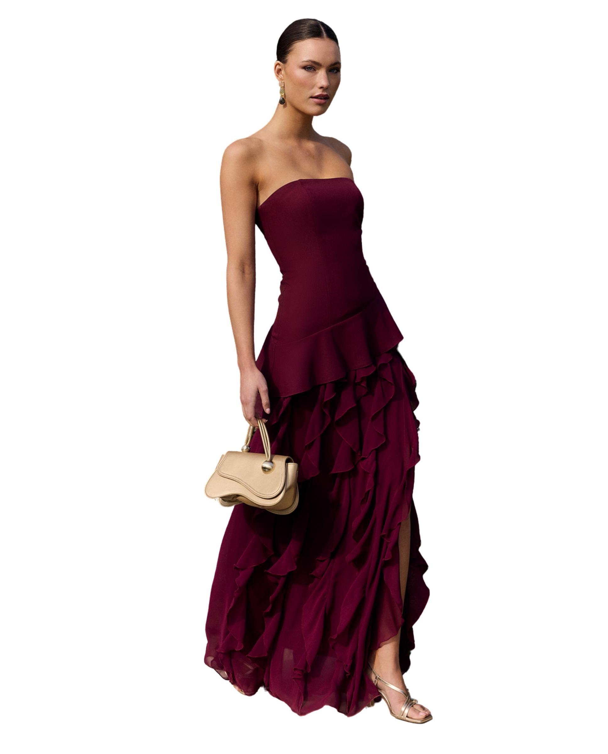 Vestido Comprido Cai-cai com Folhos na Saia Bordeaux-4