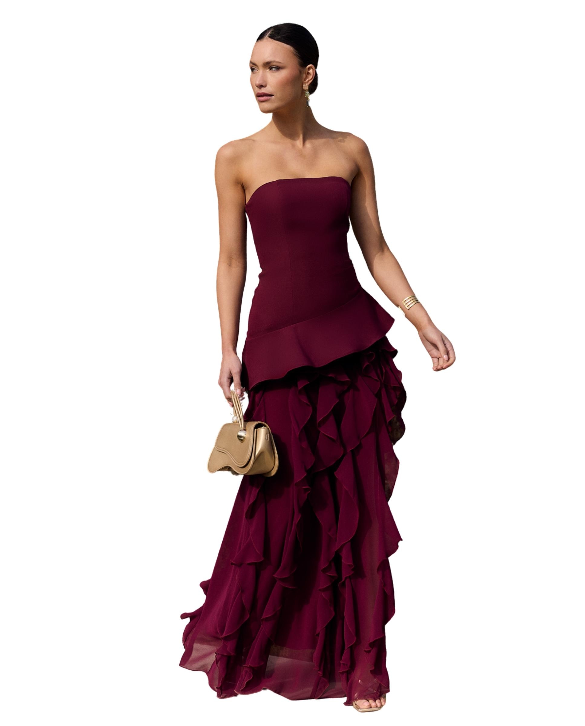 Vestido Comprido Cai-cai com Folhos na Saia Bordeaux-5