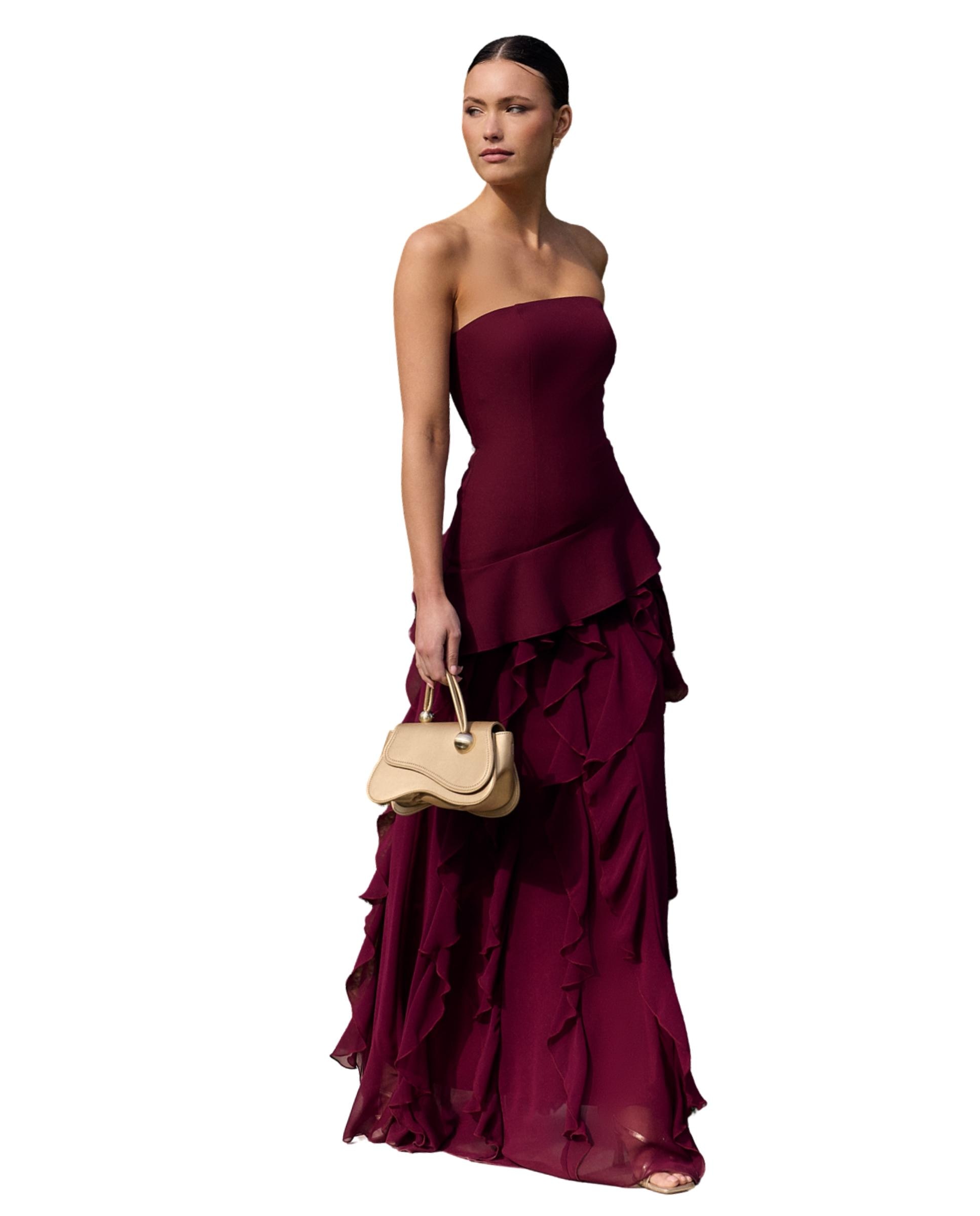 Vestido Comprido Cai-cai com Folhos na Saia Bordeaux-6