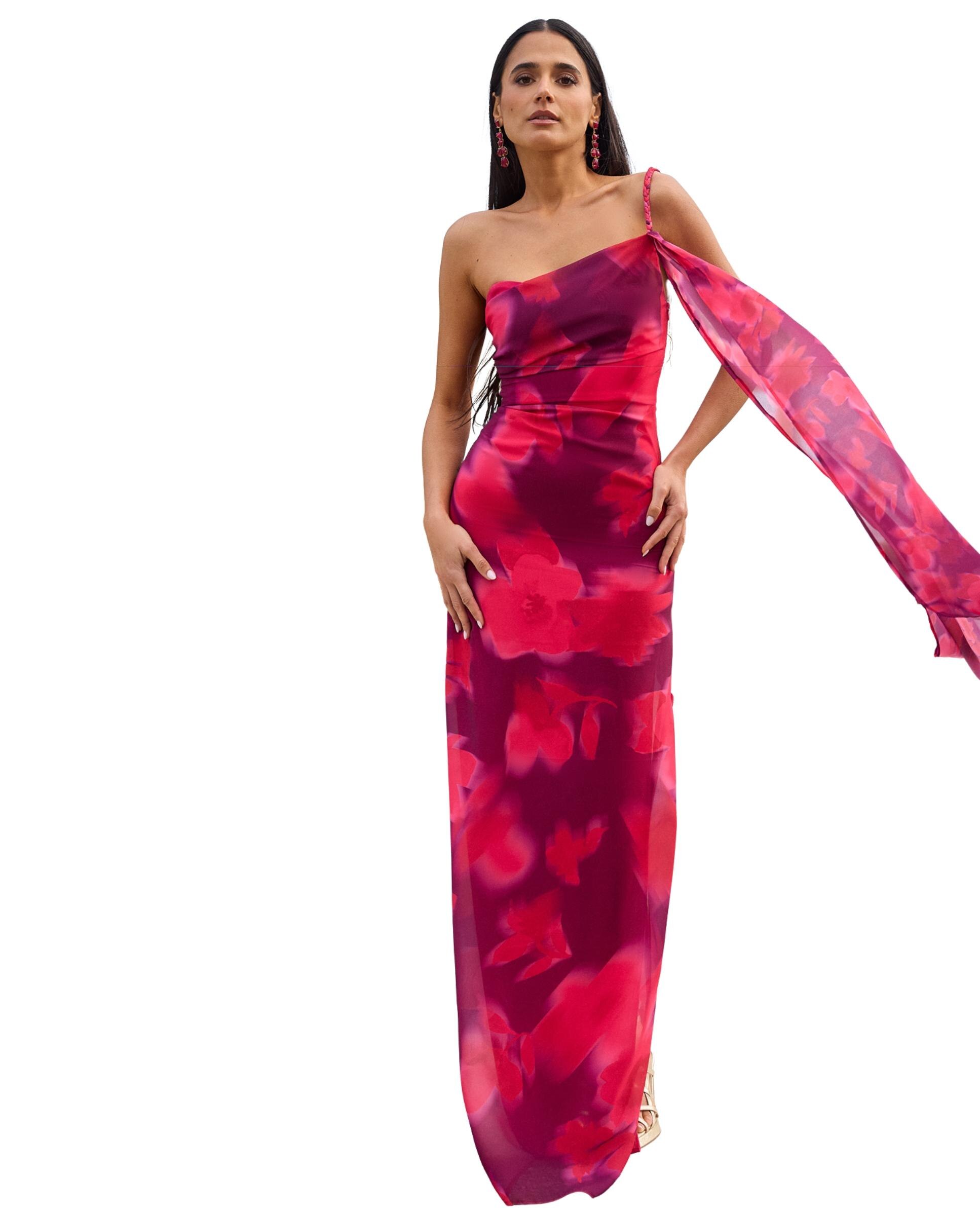 Vestido Comprido Estampado com Decote Assimétrico Magenta-2