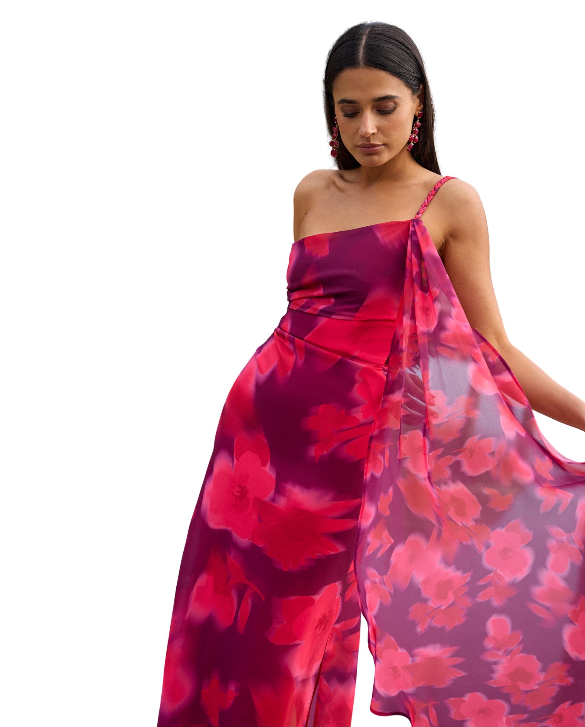Vestido Comprido Estampado com Decote Assimétrico Magenta-3