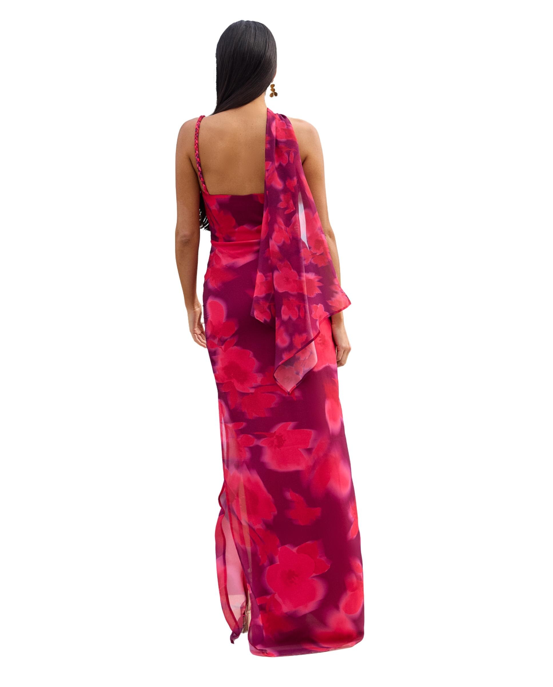 Vestido Comprido Estampado com Decote Assimétrico Magenta-4