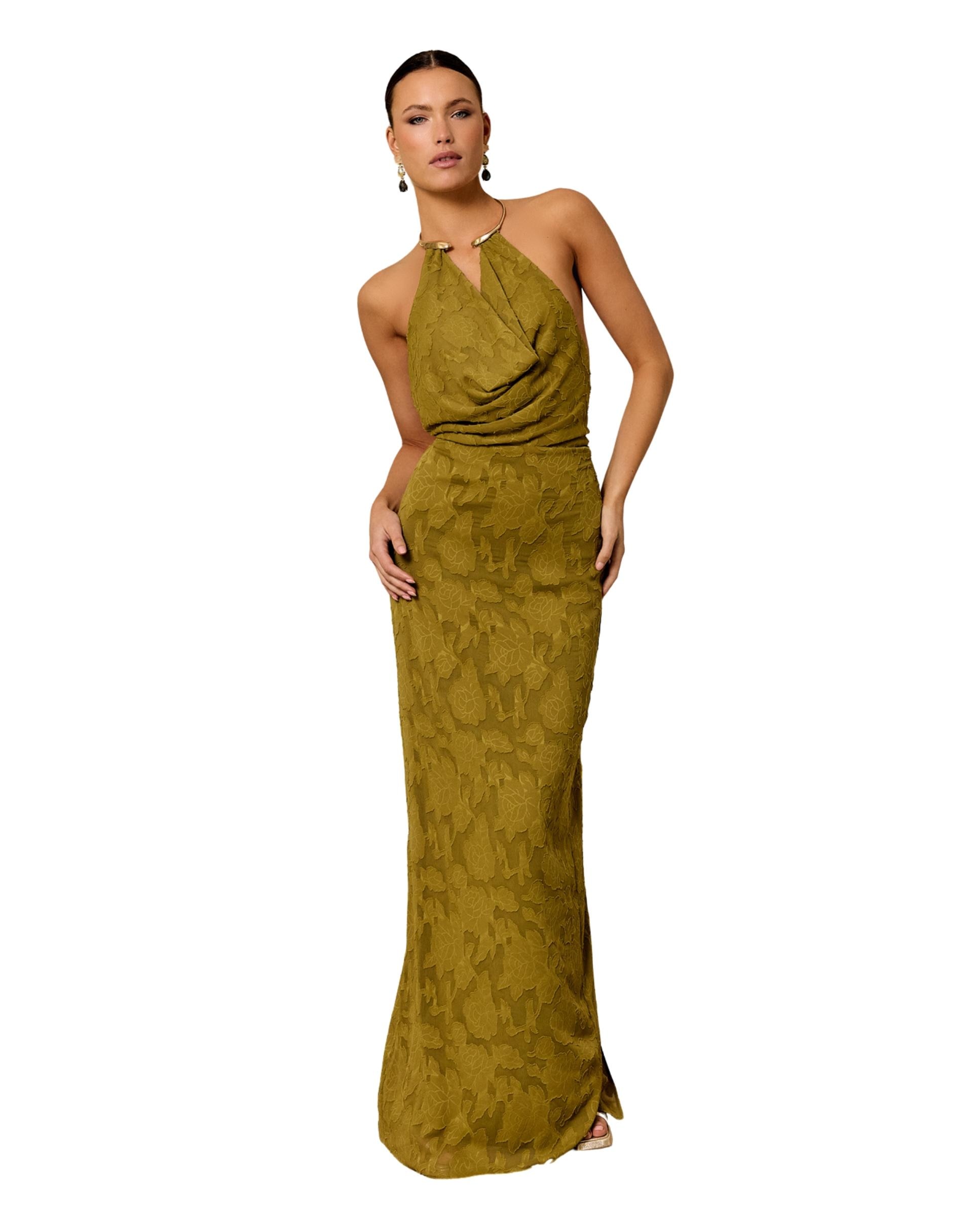 Imagem 0 de Vestido Comprido em Tecido Jacquard com Gola Halter