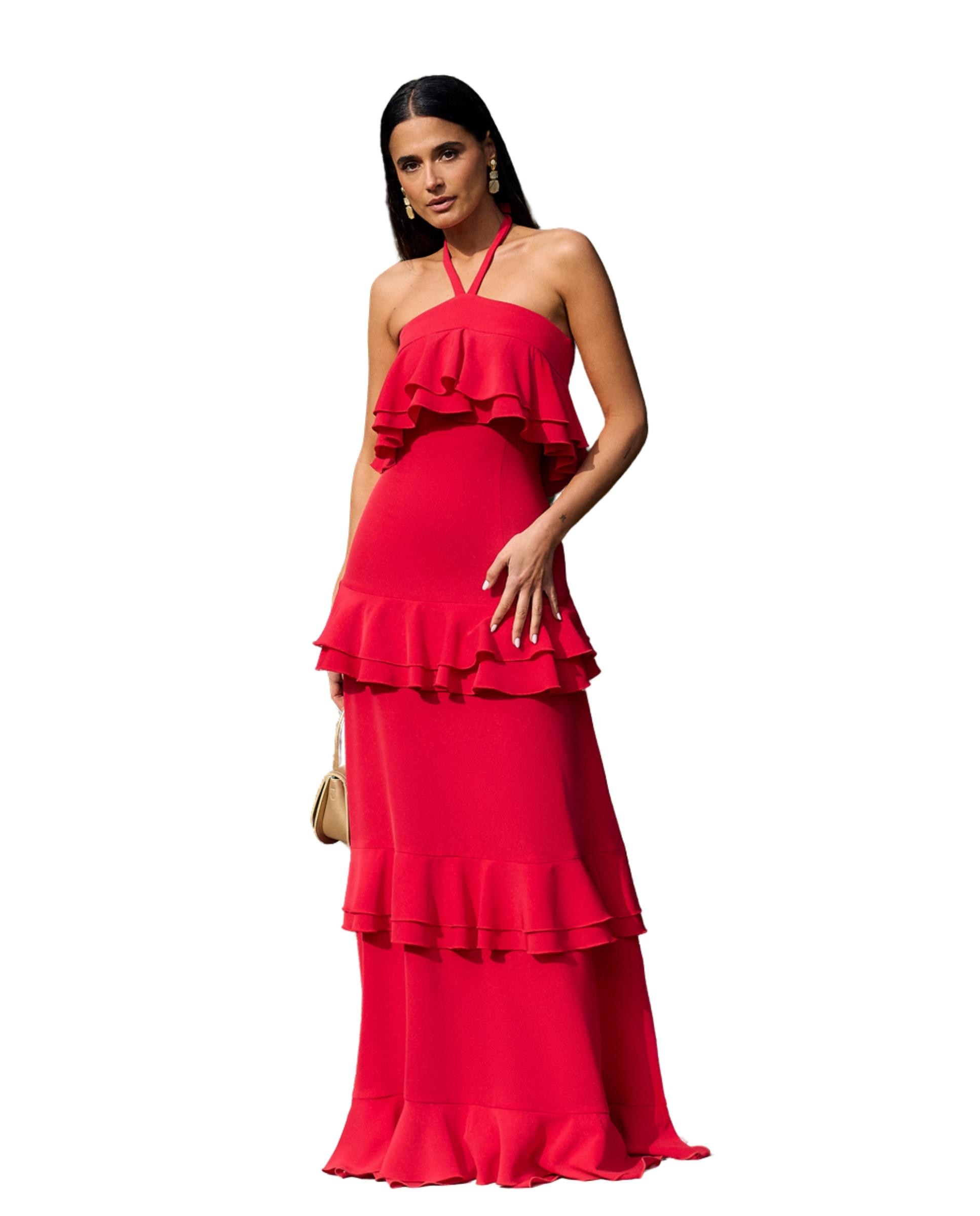 Imagem 0 de Vestido Comprido com Gola Halter e Folhos em Cascata