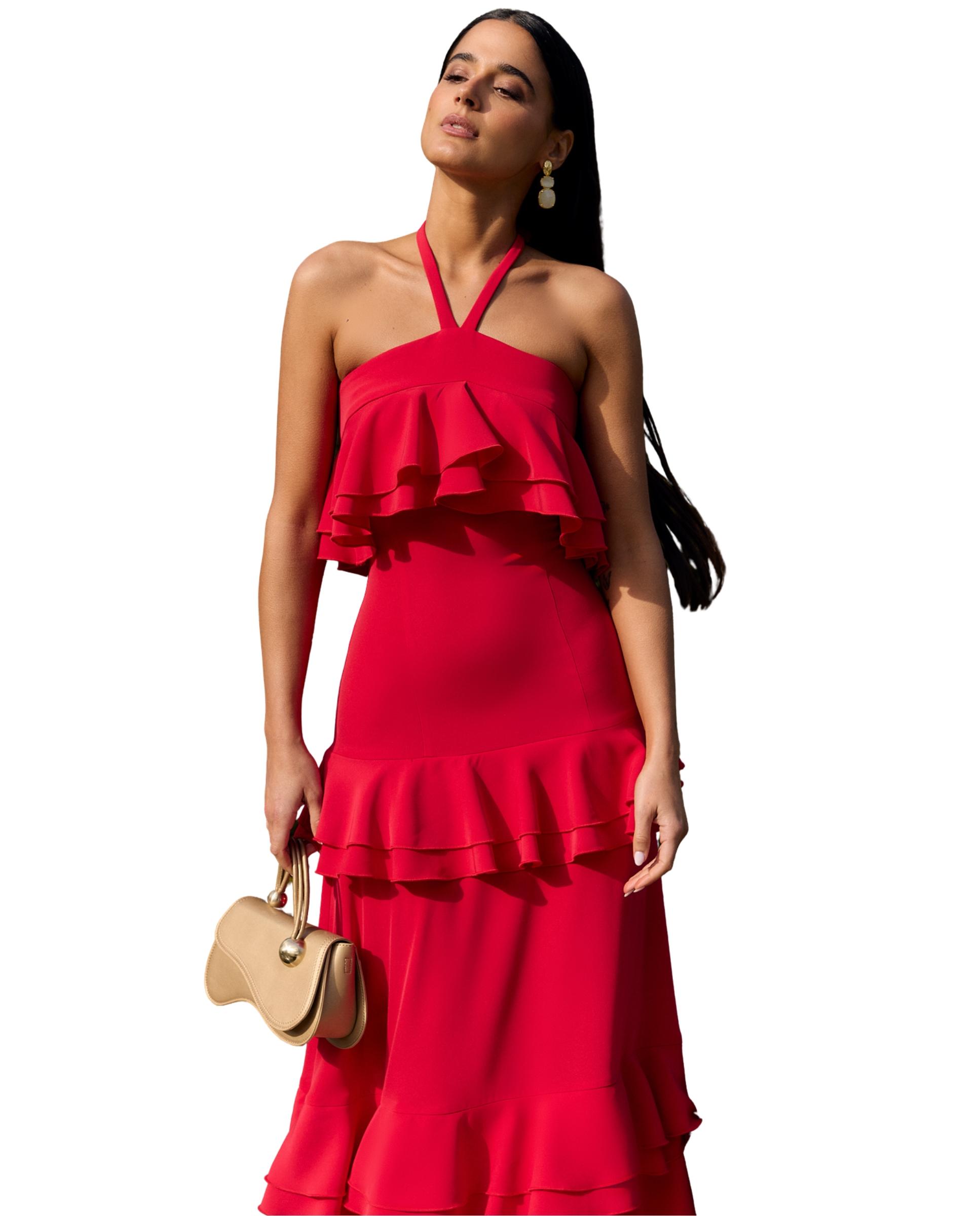 Vestido Comprido com Gola Halter e Folhos em Cascata Vermelho-2