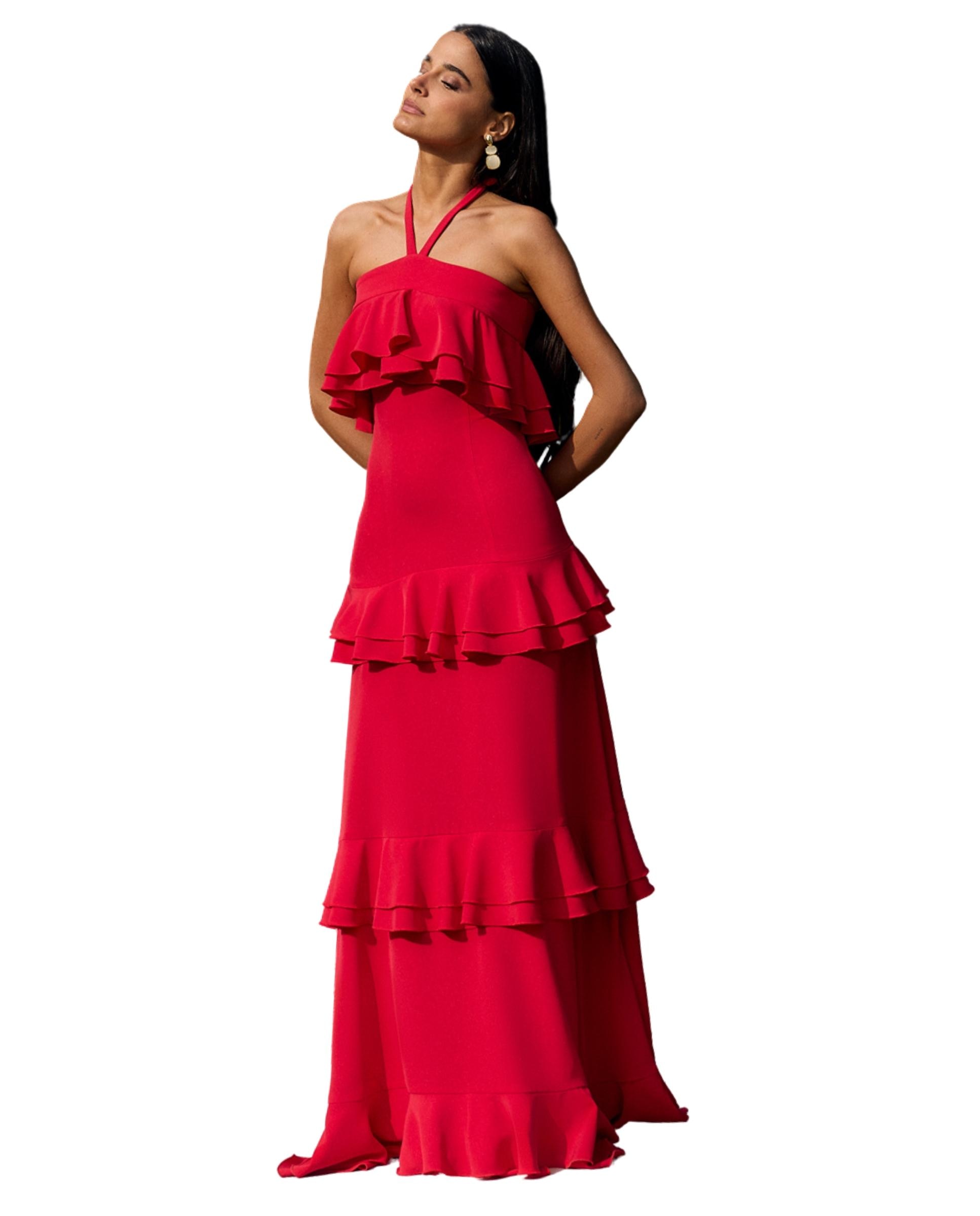 Vestido Comprido com Gola Halter e Folhos em Cascata Vermelho-4