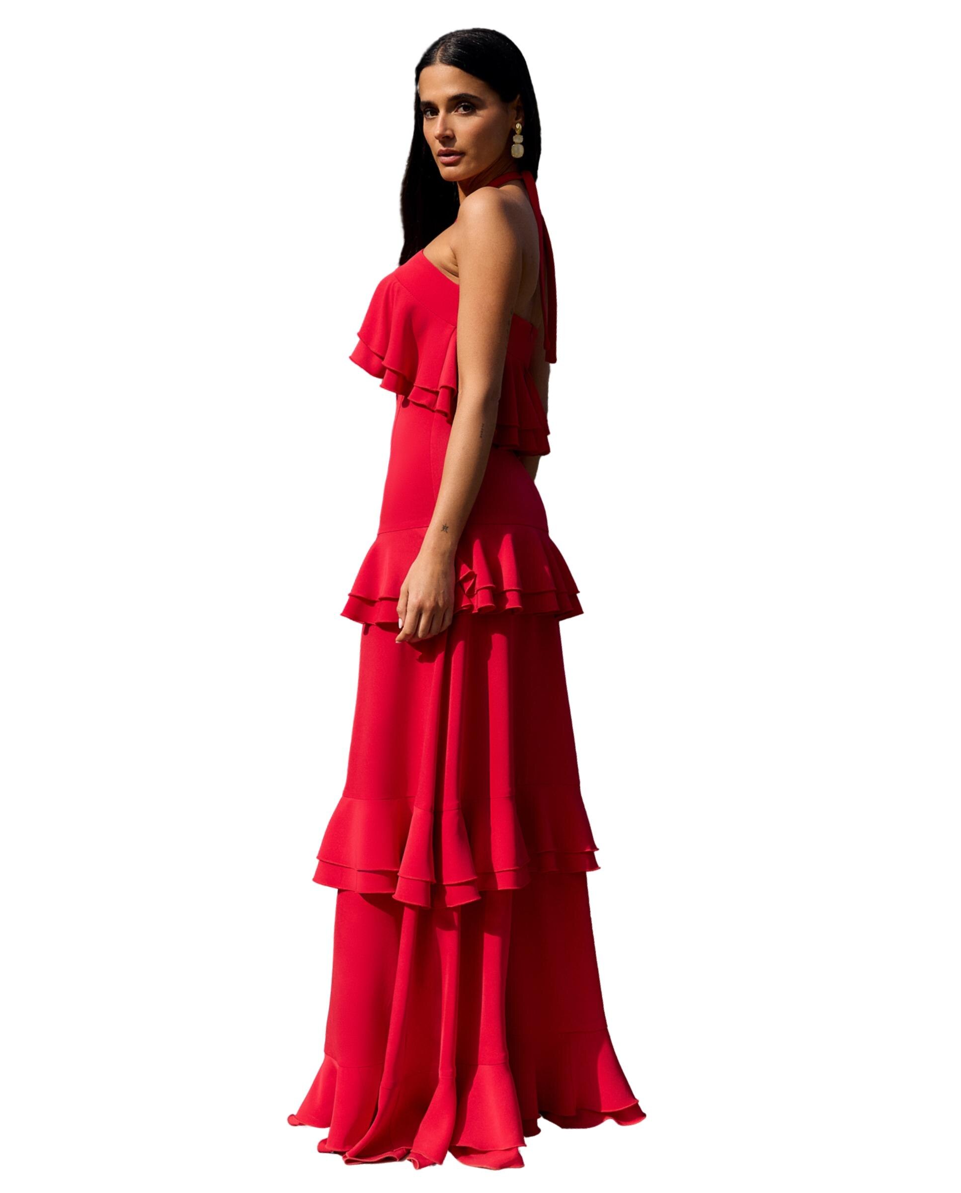 Vestido Comprido com Gola Halter e Folhos em Cascata Vermelho-5