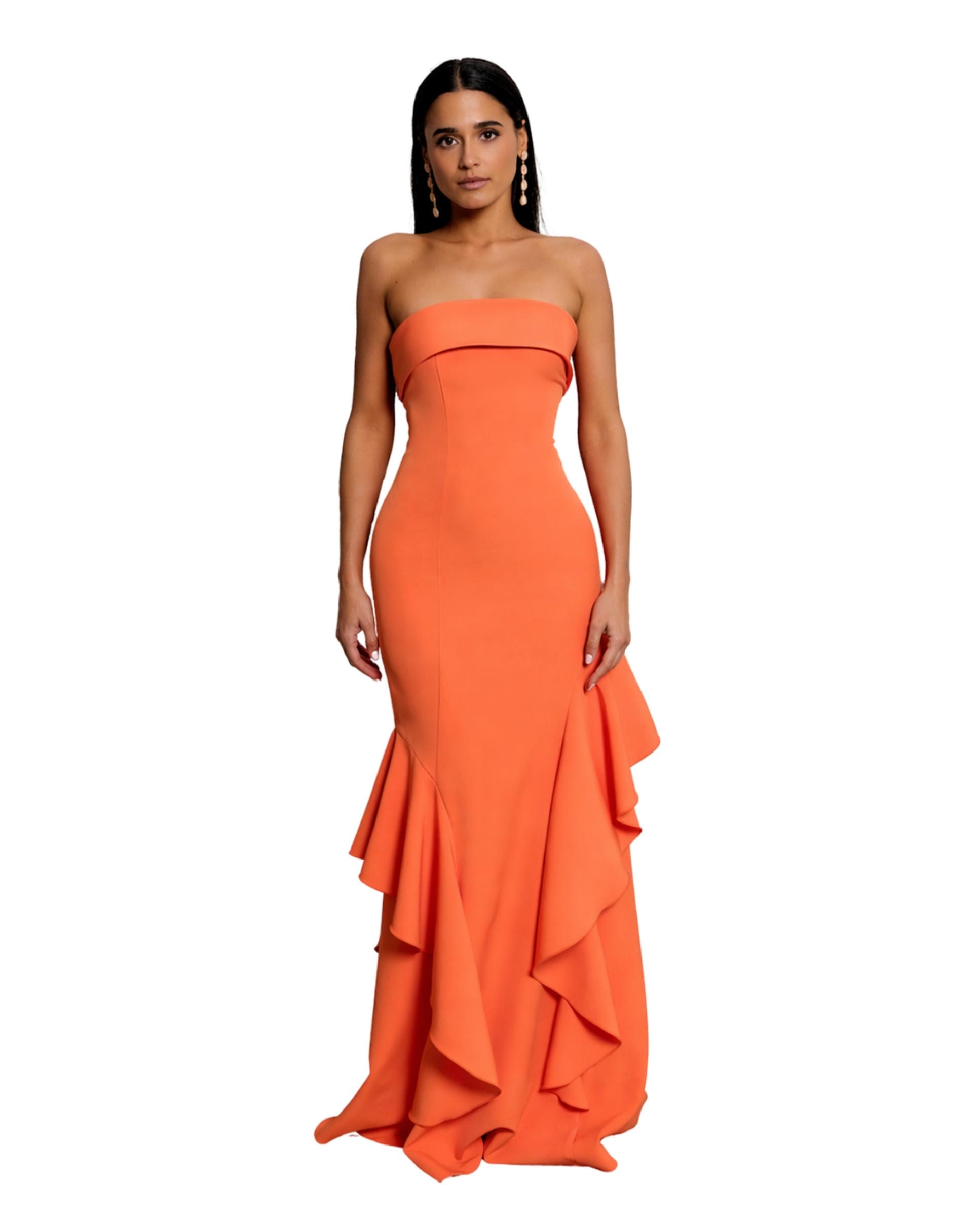 Vestido Comprido Cai-cai com Bainha em Folhos Pêssego-3