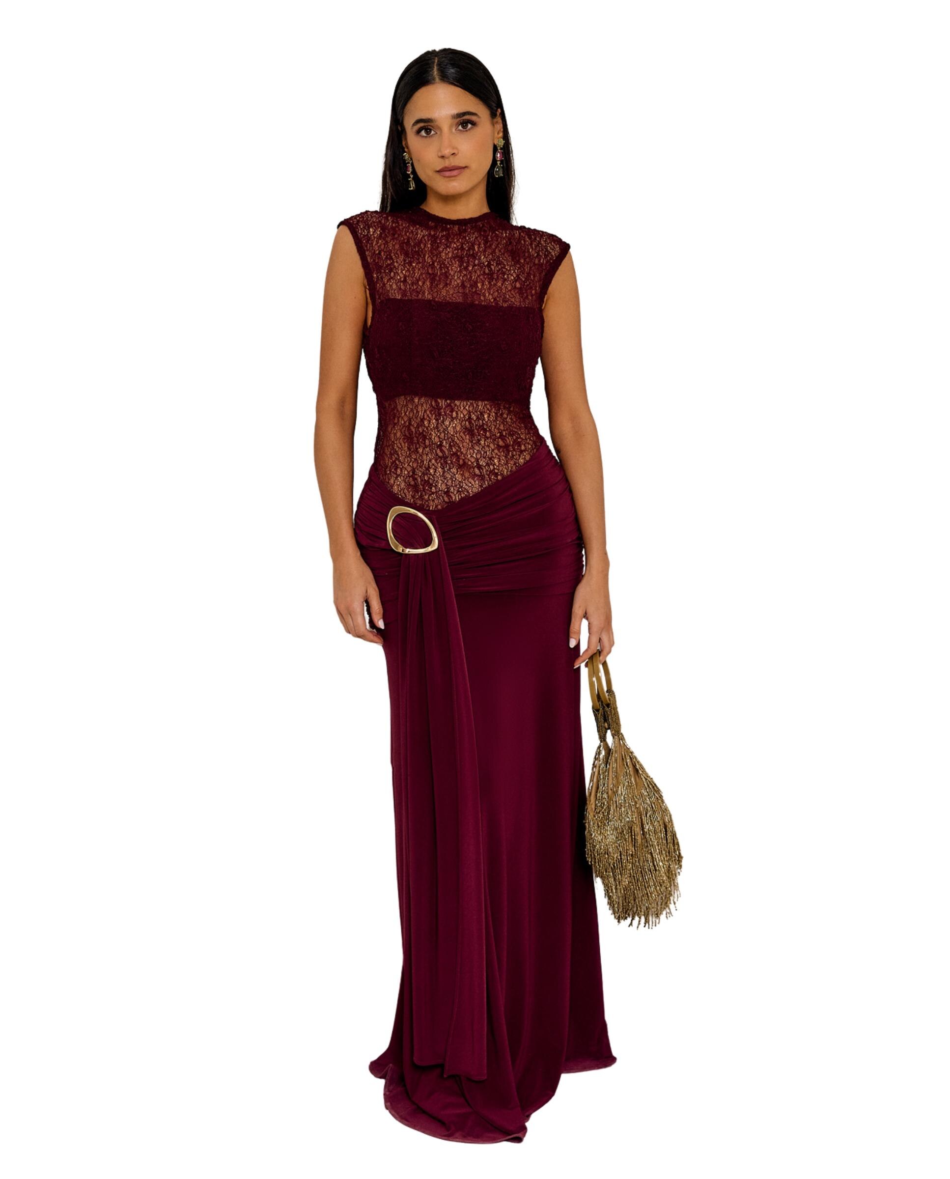Vestidos Compridos de Malha Elástica com Detalhes de Renda Bordeaux-3