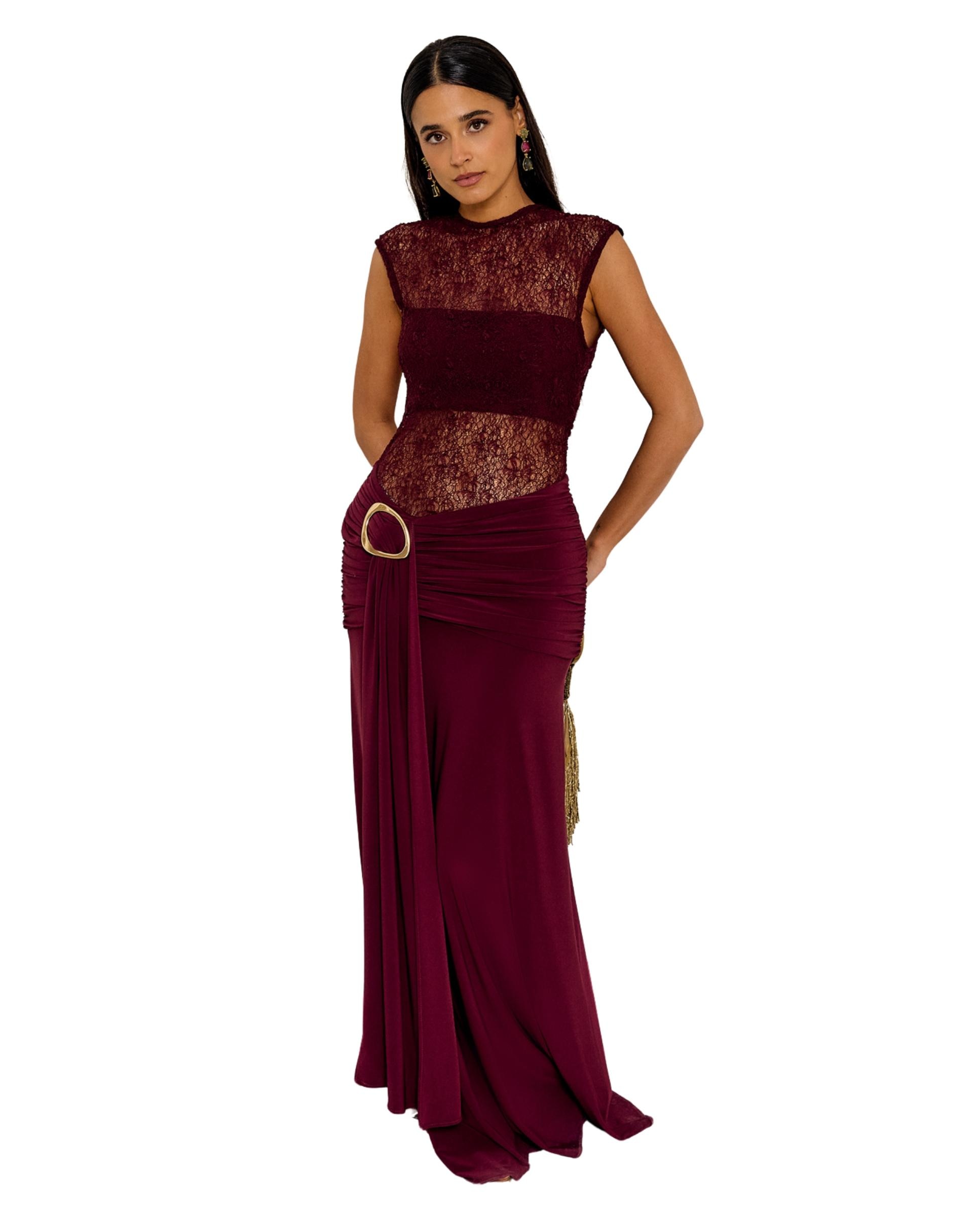Vestidos Compridos de Malha Elástica com Detalhes de Renda Bordeaux-4