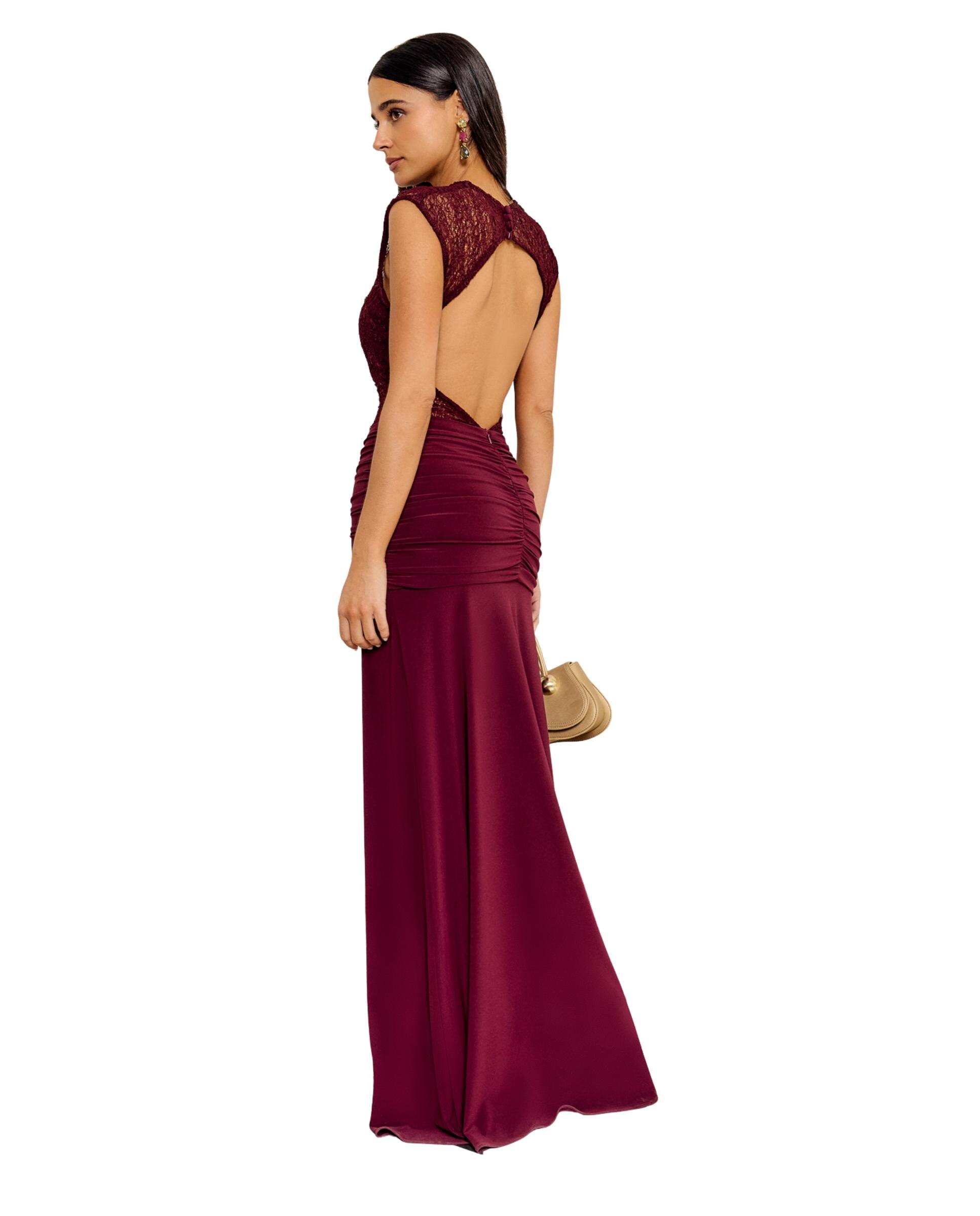 Vestidos Compridos de Malha Elástica com Detalhes de Renda Bordeaux-5