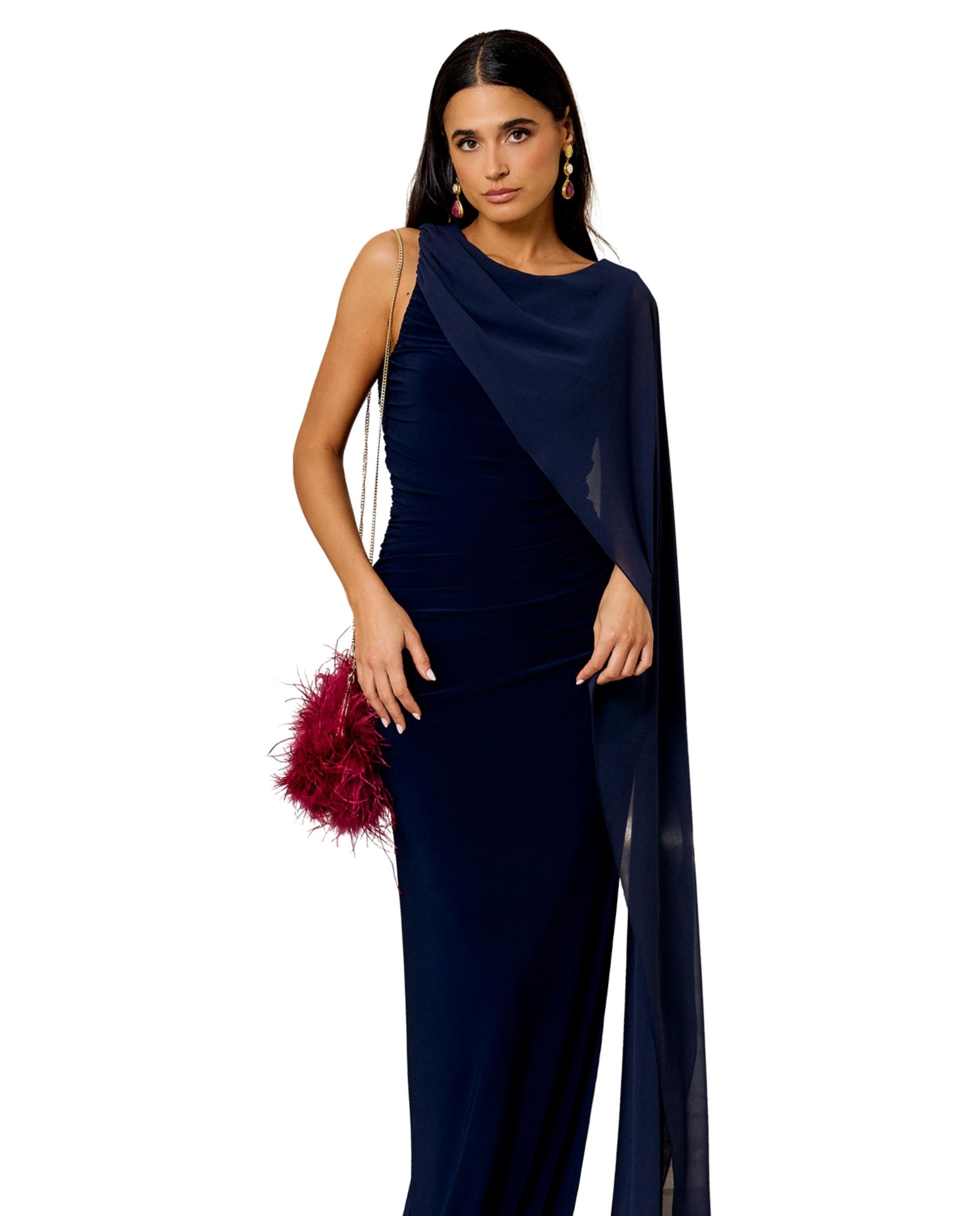 Vestido Comprido Ajustado com Detalhe de Capa no Ombro Azul-marinho-2