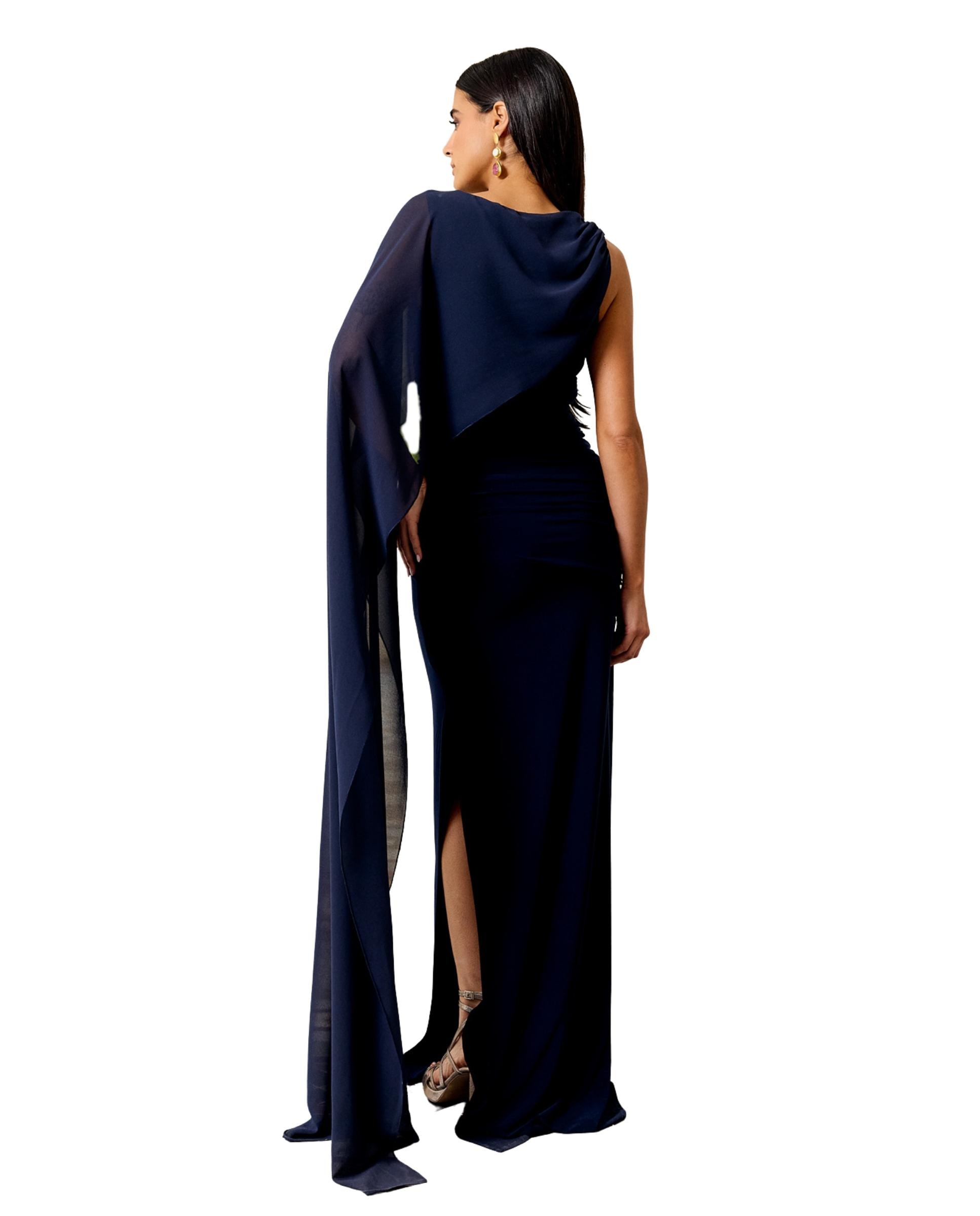 Vestido Comprido Ajustado com Detalhe de Capa no Ombro Azul-marinho-3