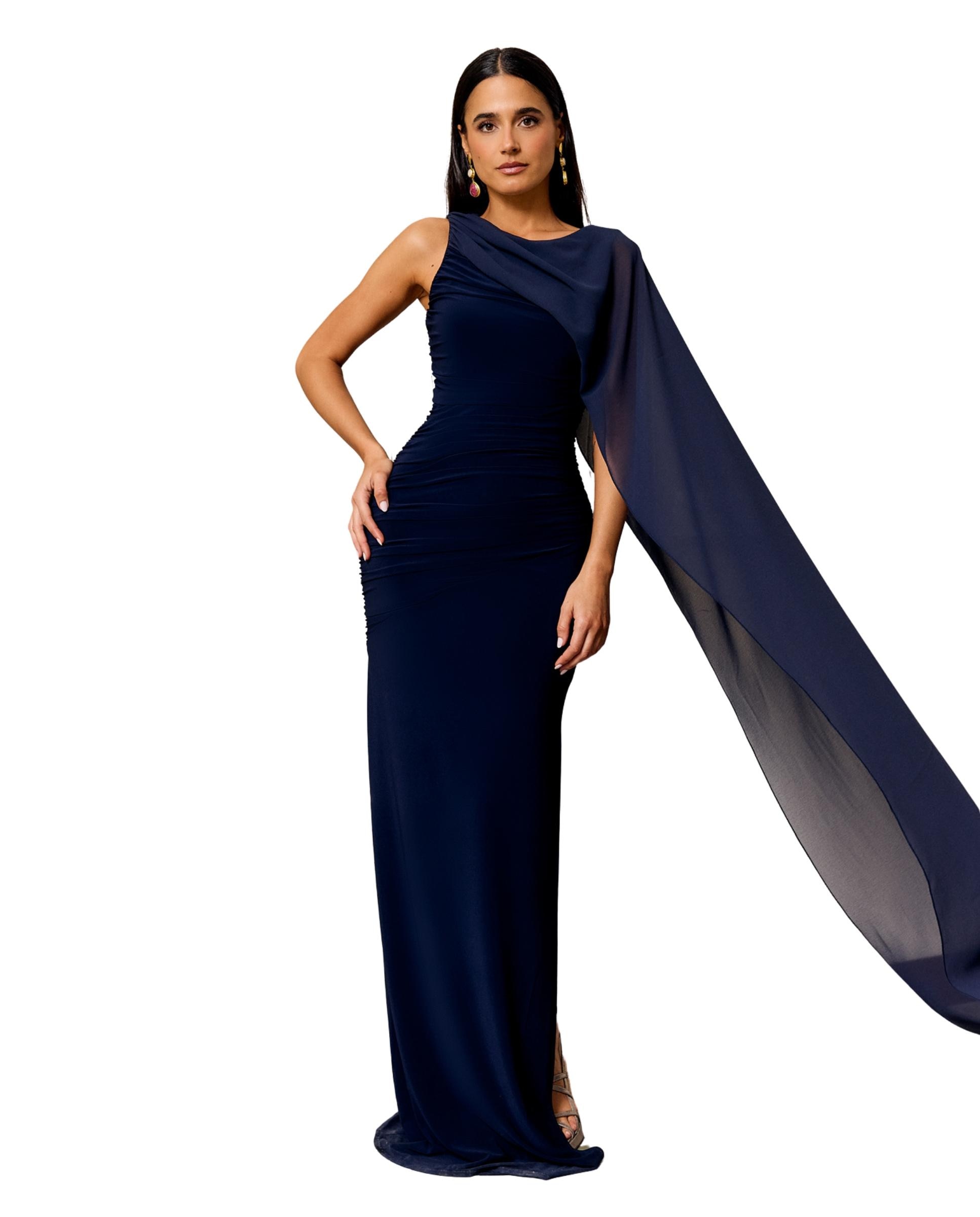 Vestido Comprido Ajustado com Detalhe de Capa no Ombro Azul-marinho-4