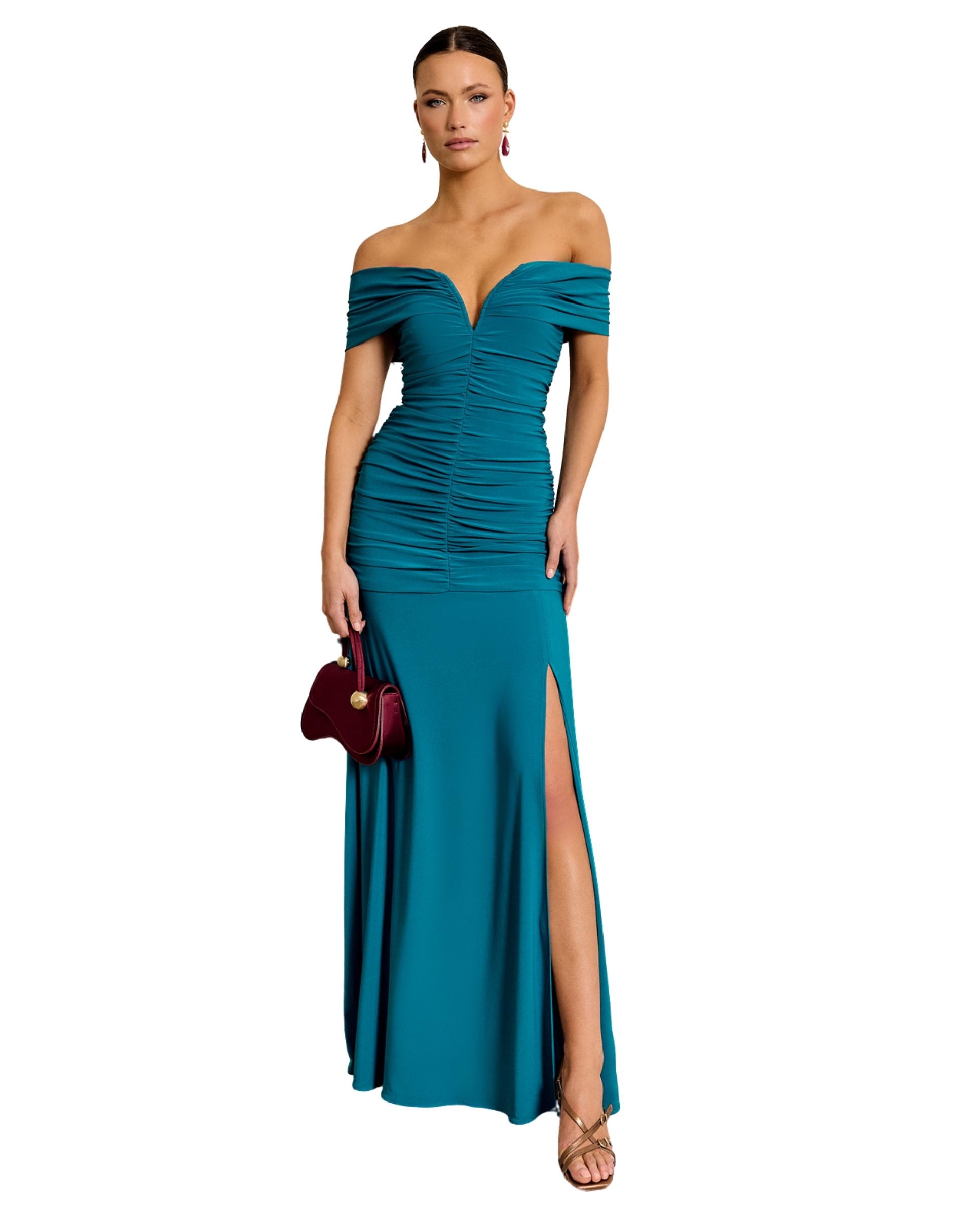 Imagem 0 de Vestido Comprido Drapeado com Decote Bardot