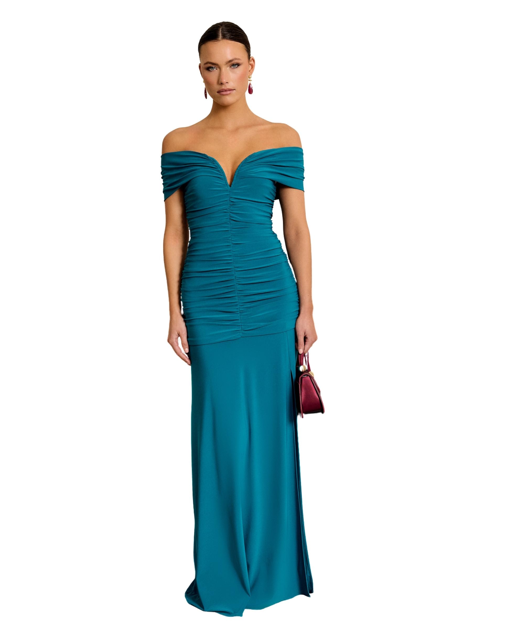 Vestido Comprido Drapeado com Decote Bardot Turquesa-2