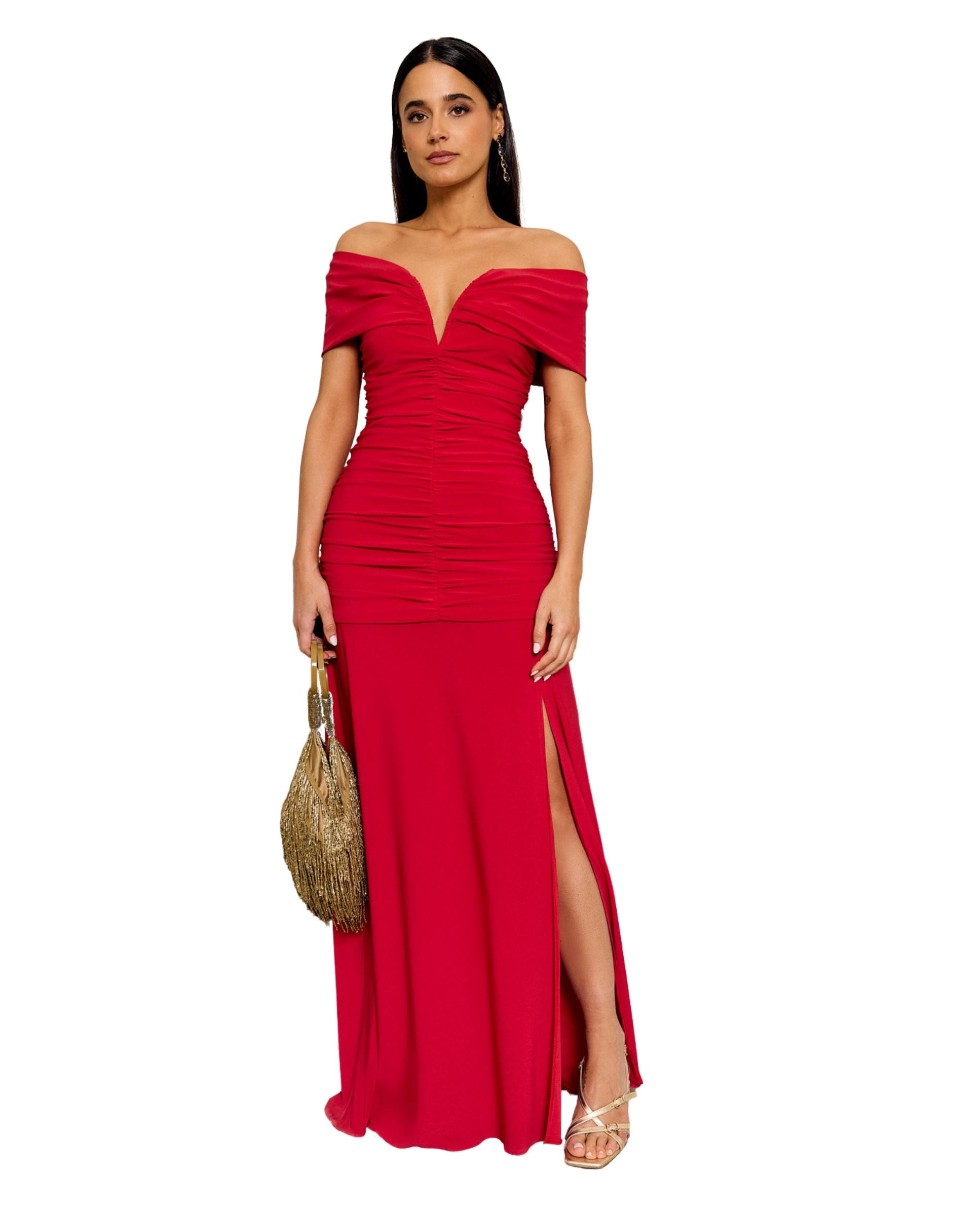 Imagem 0 de Vestido Comprido Drapeado com Decote Bardot