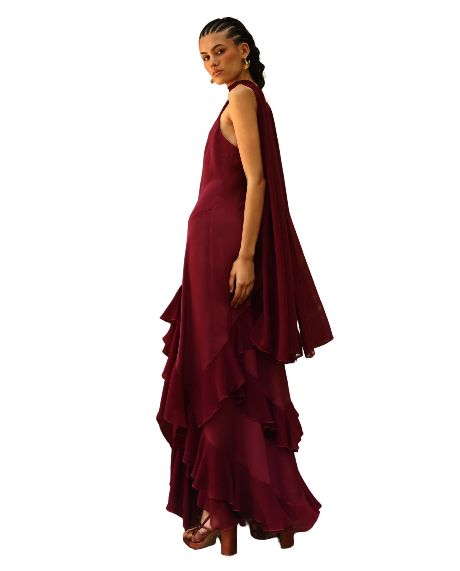 Vestido Comprido de Alças com Folhos Bordeaux-2