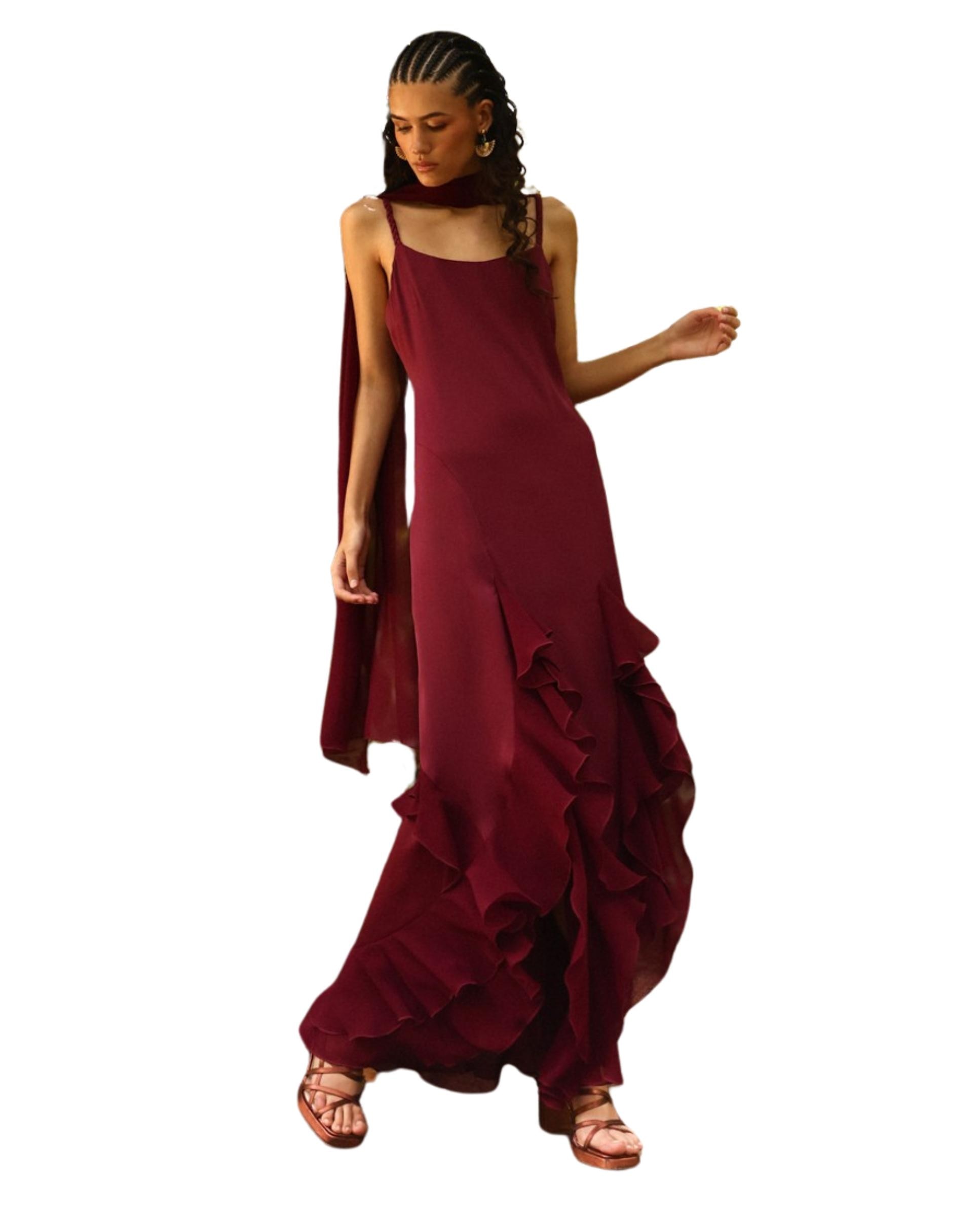 Vestido Comprido de Alças com Folhos Bordeaux-3