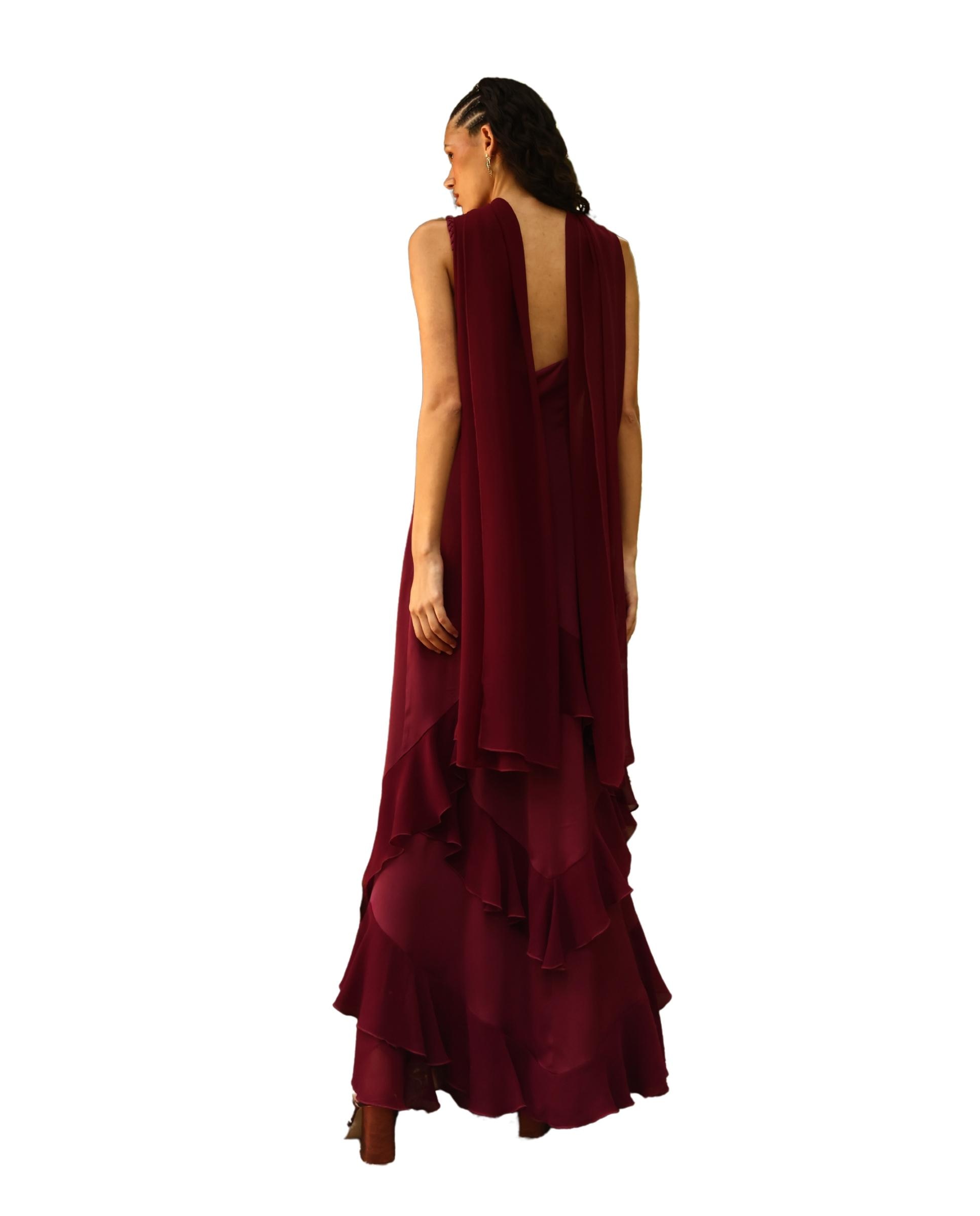 Vestido Comprido de Alças com Folhos Bordeaux-4