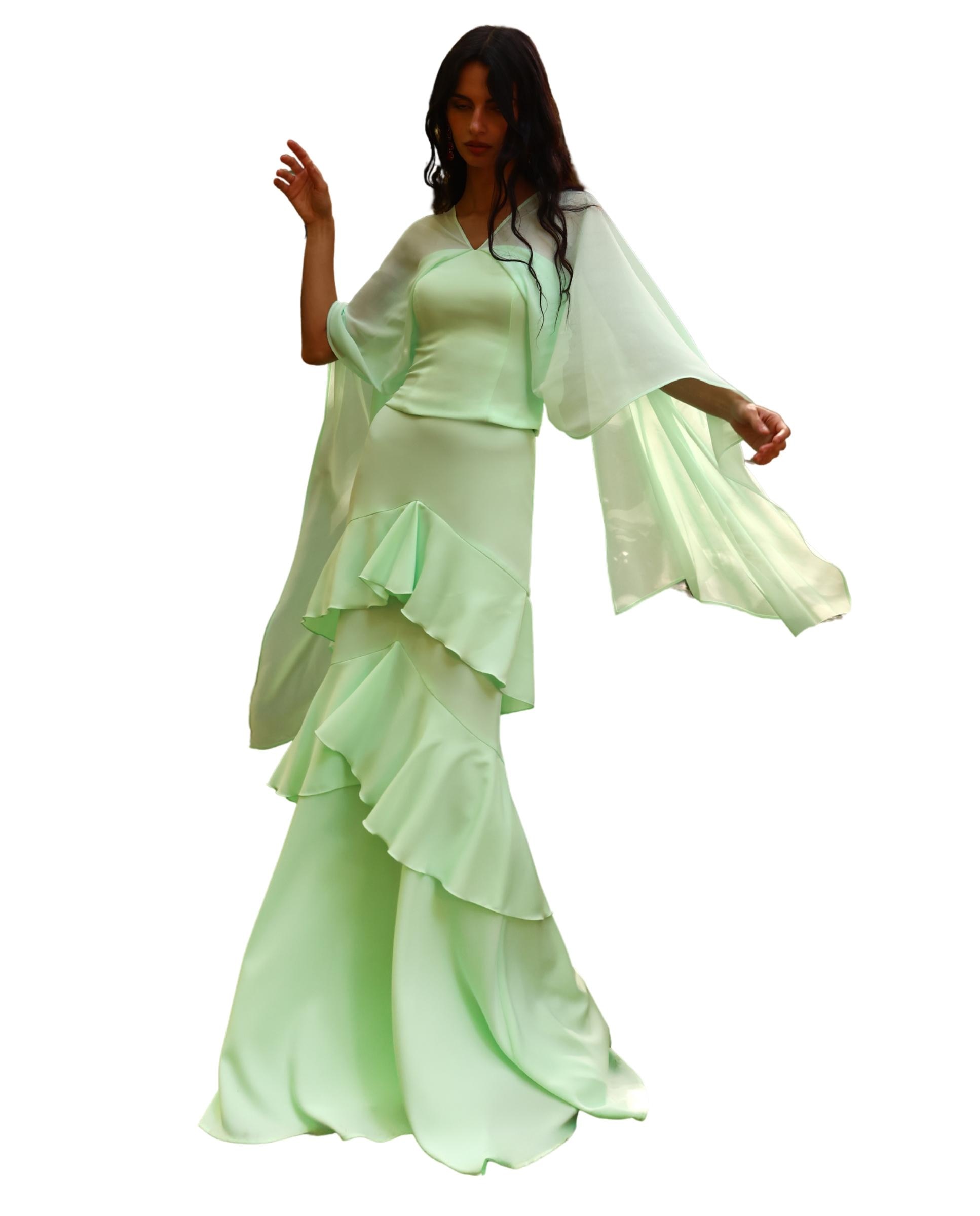 Saia Comprida de Crepe com Folhos Verde-menta-2
