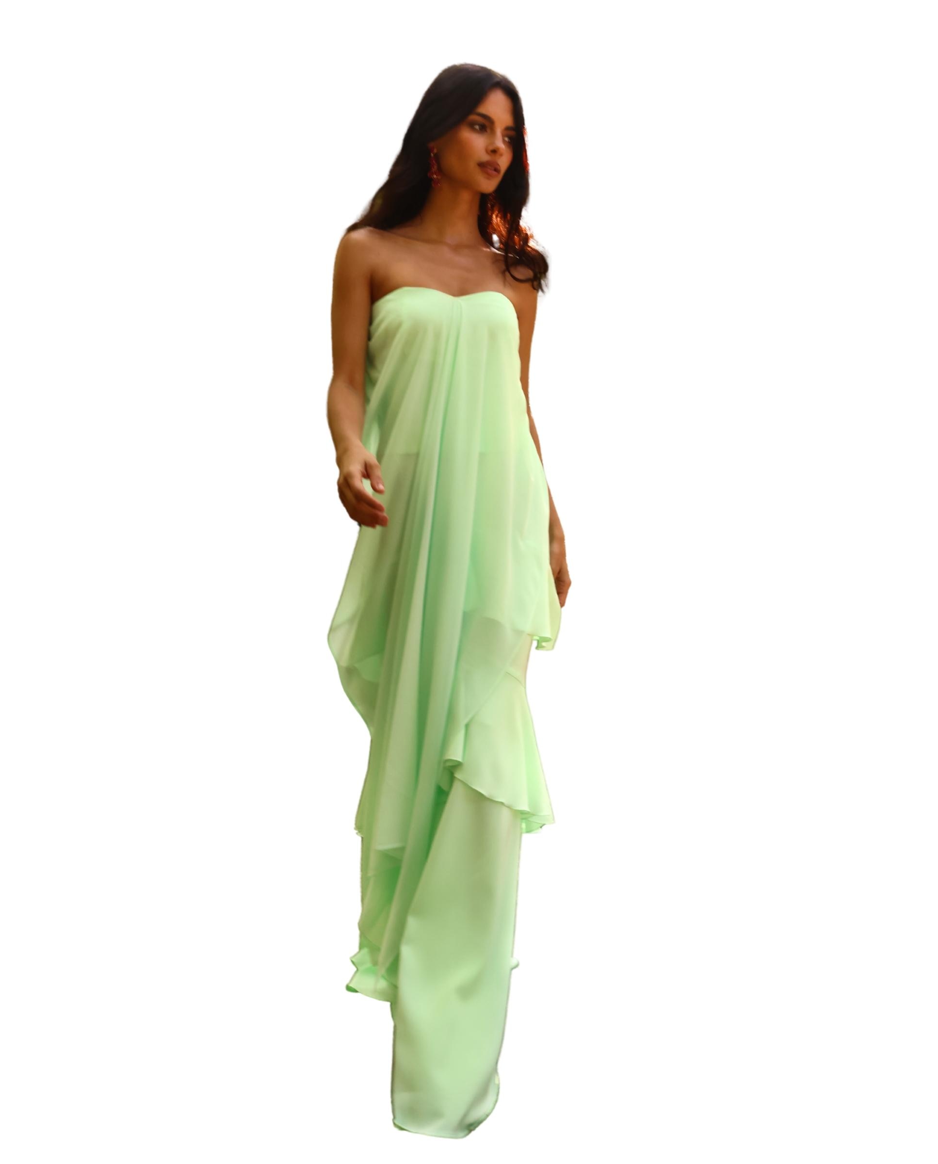 Saia Comprida de Crepe com Folhos Verde-menta-3