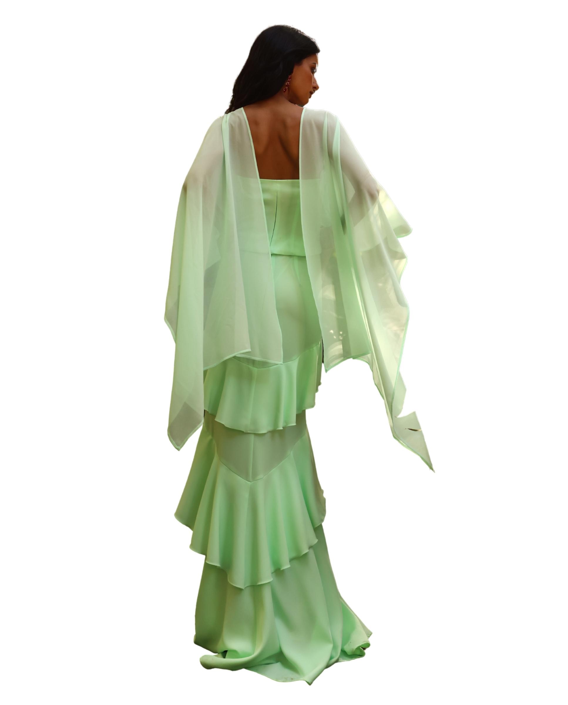 Saia Comprida de Crepe com Folhos Verde-menta-4