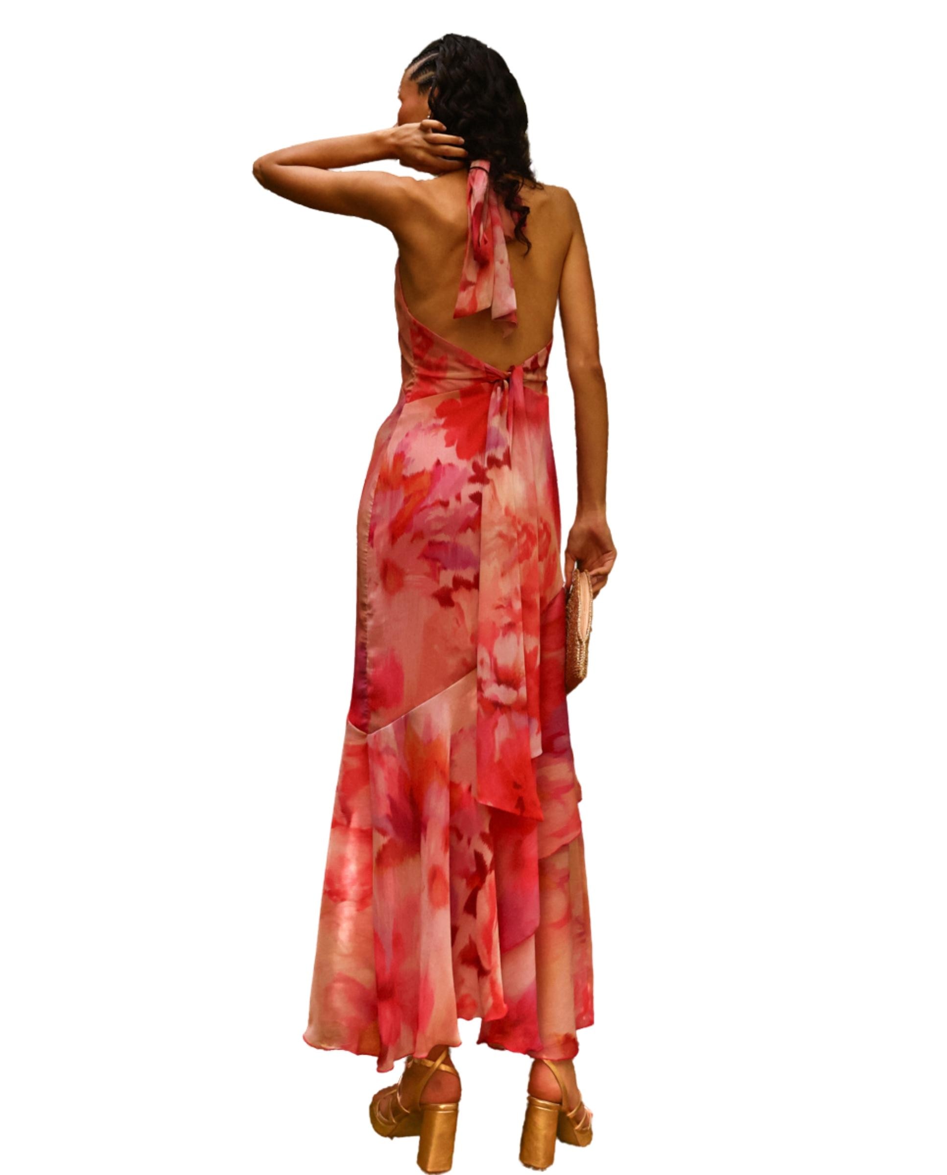 Vestido Comprido Estampado com Gola Halter Rosa-2