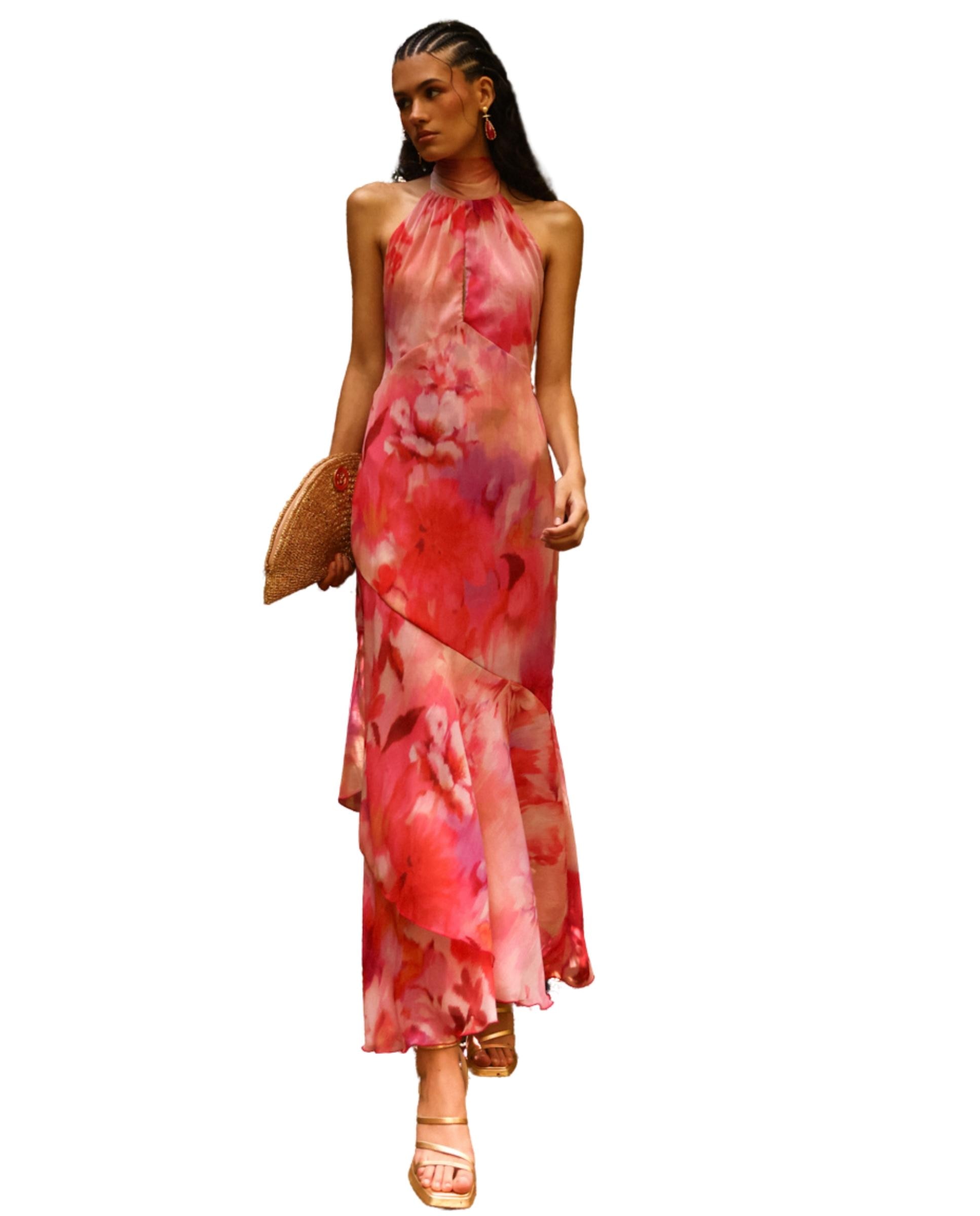 Vestido Comprido Estampado com Gola Halter Rosa-3