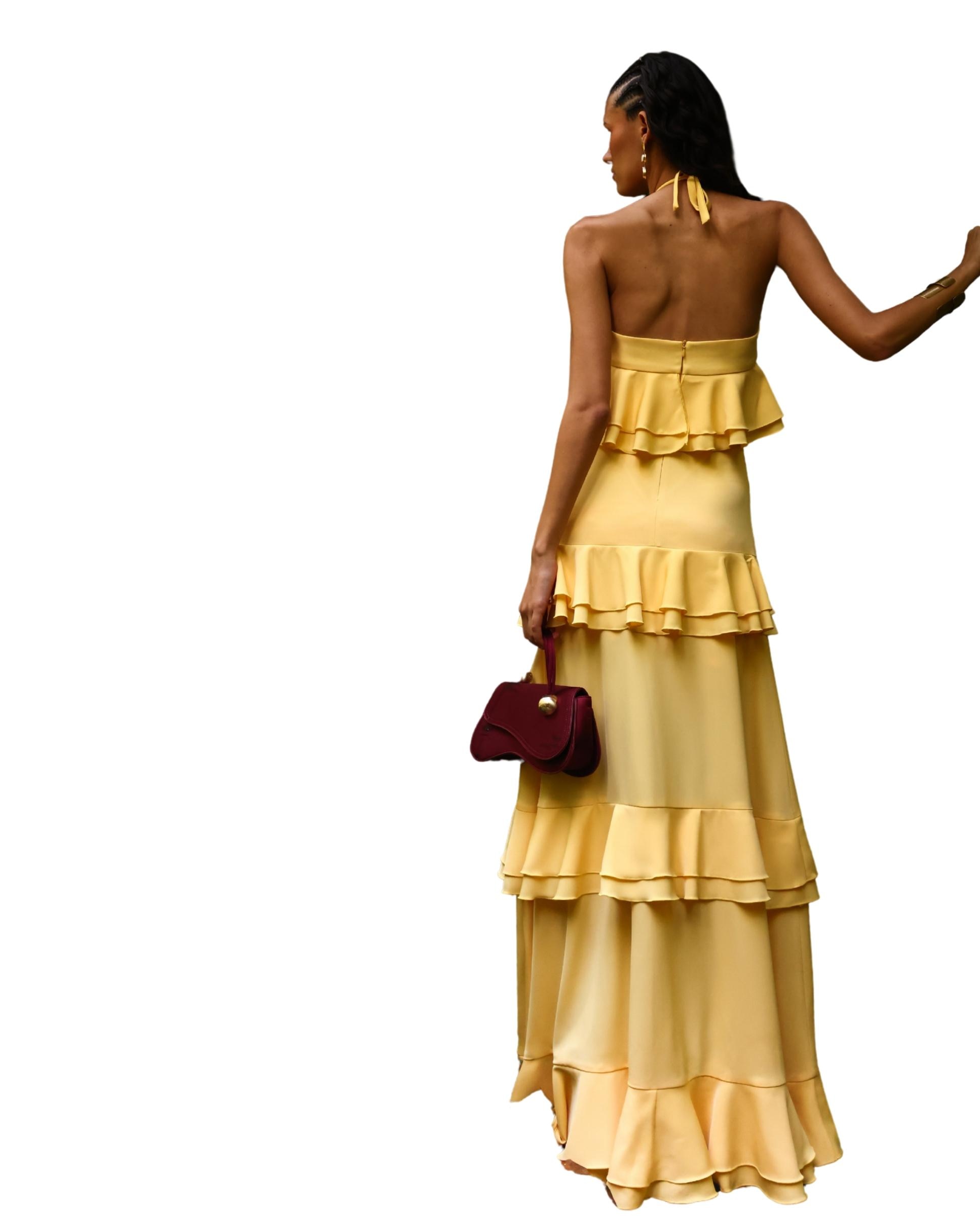 Vestido Comprido com Folhos e Gola Halter Amarelo-limão-2