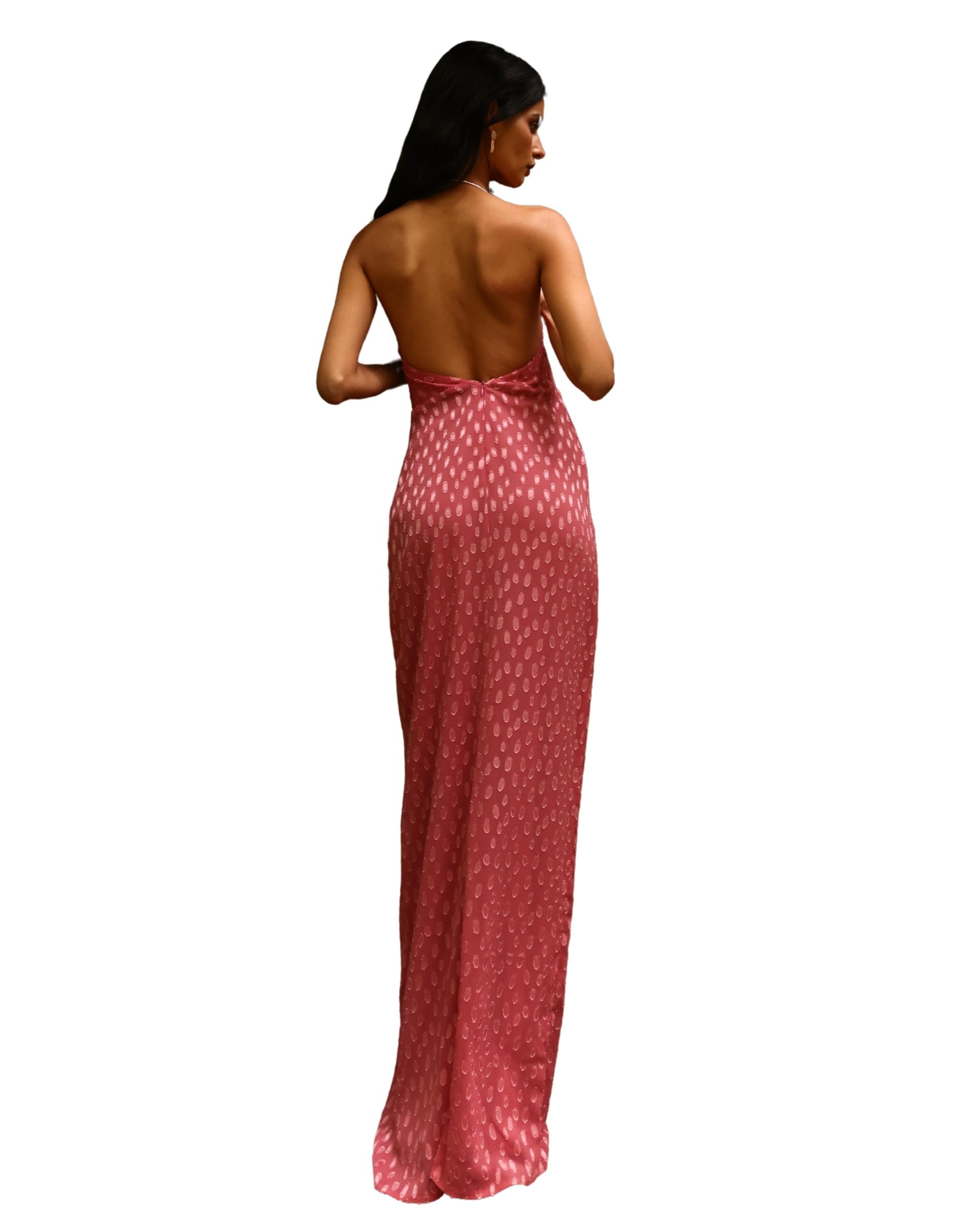Vestido Comprido Jacquard com Gola Halter Rosa-2