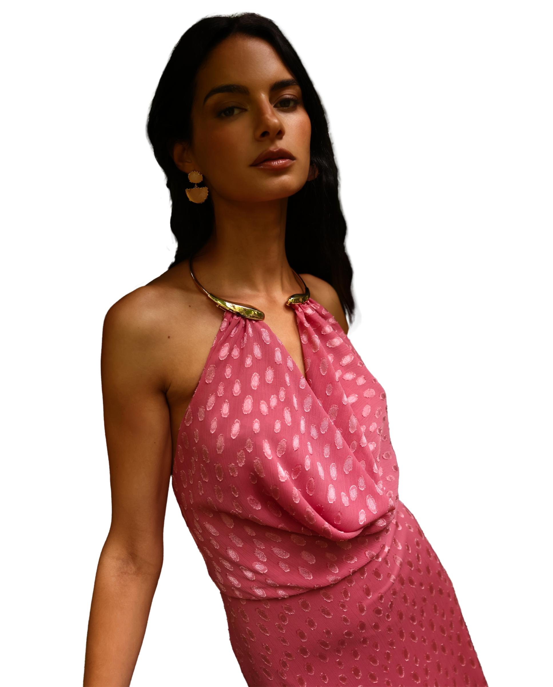 Vestido Comprido Jacquard com Gola Halter Rosa-4