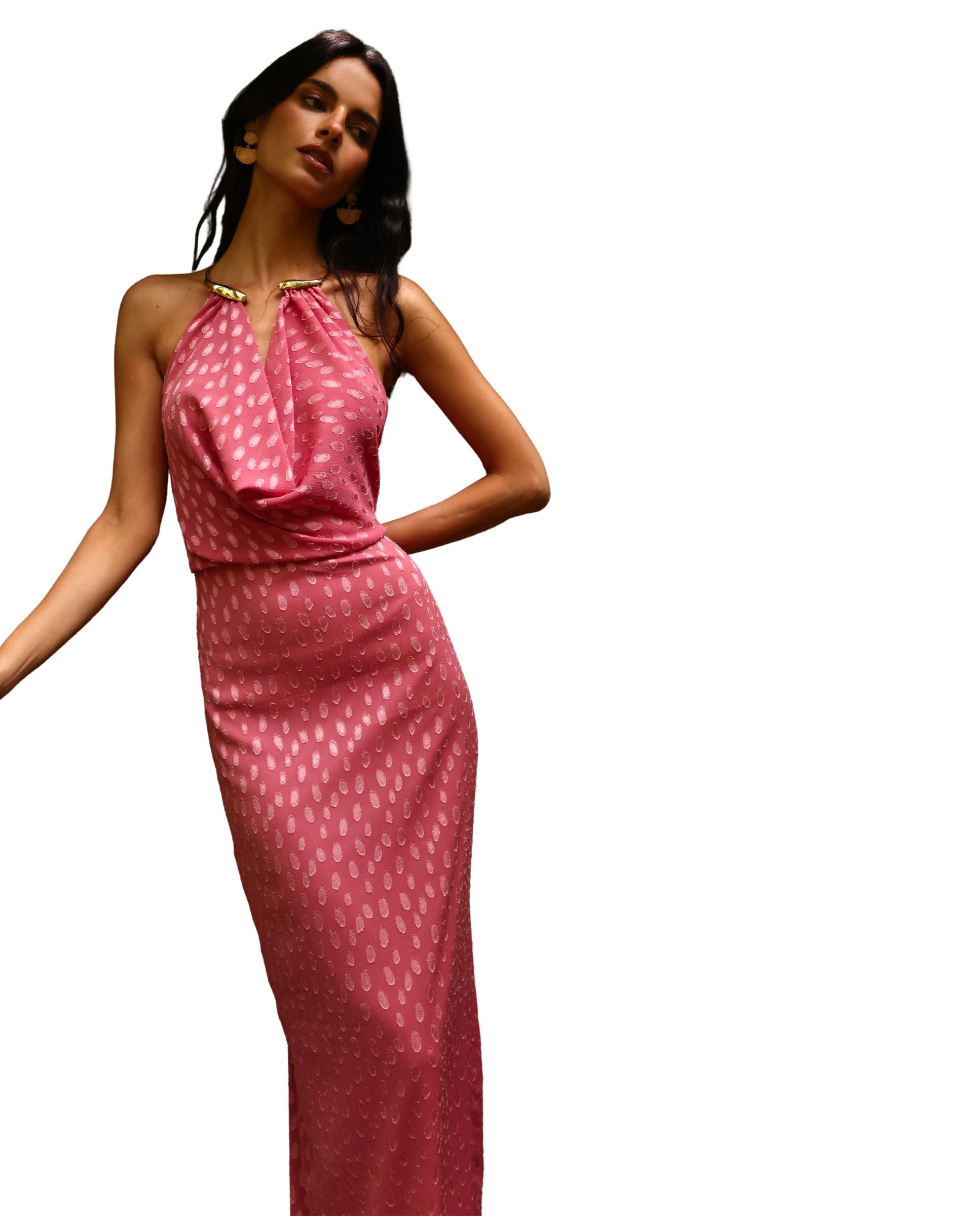 Vestido Comprido Jacquard com Gola Halter Rosa-3