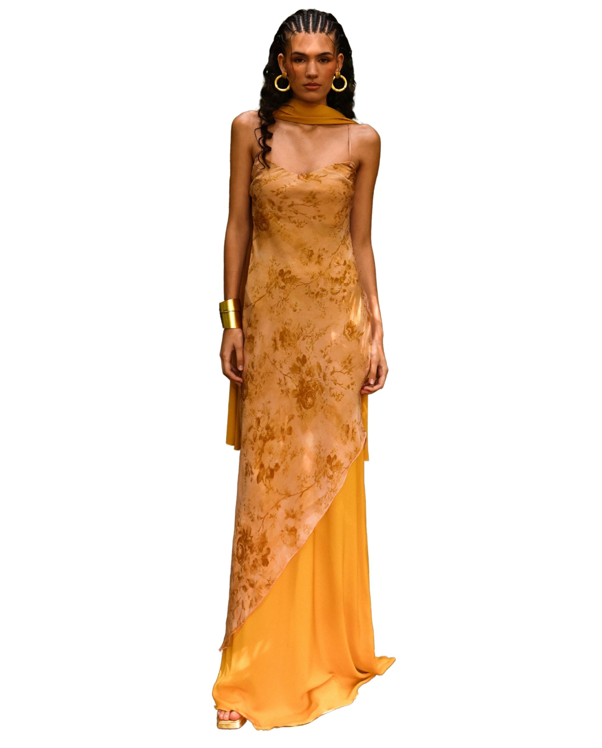 Vestido Comprido Estampado de Corte Assimétrico na Bainha Ocre-2