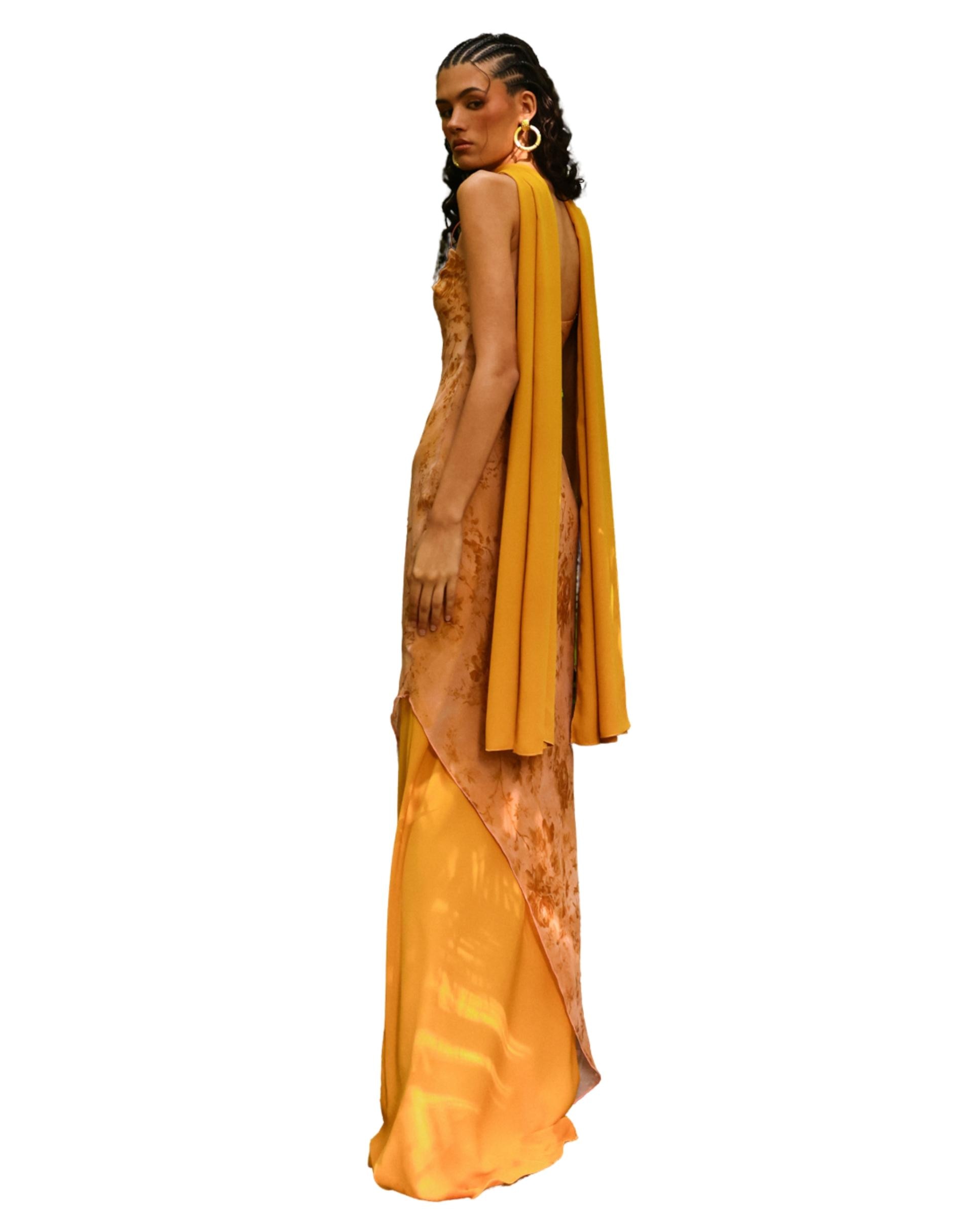 Vestido Comprido Estampado de Corte Assimétrico na Bainha Ocre-3