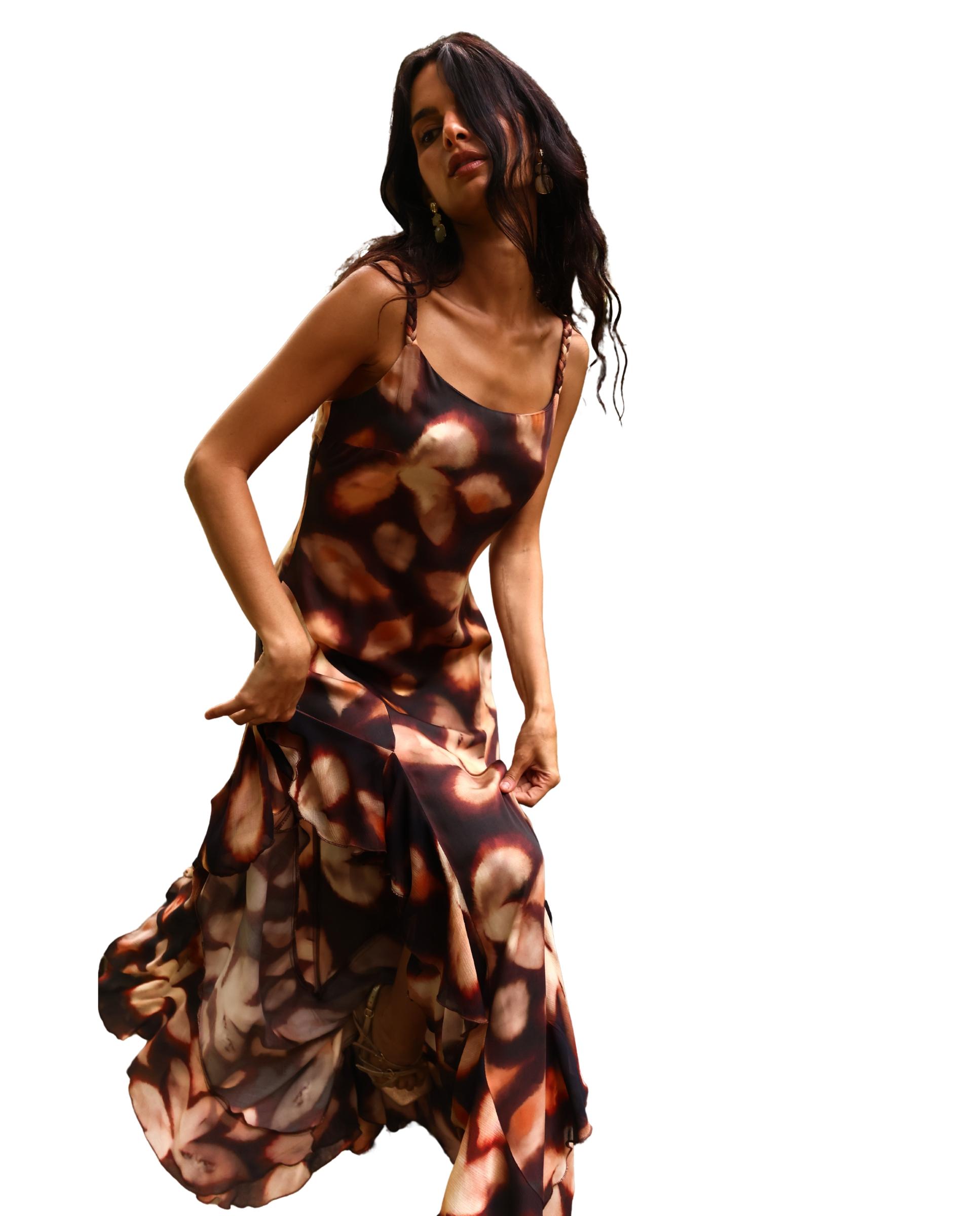Vestido Comprido de Alças com Folhos Castanho-escuro-2