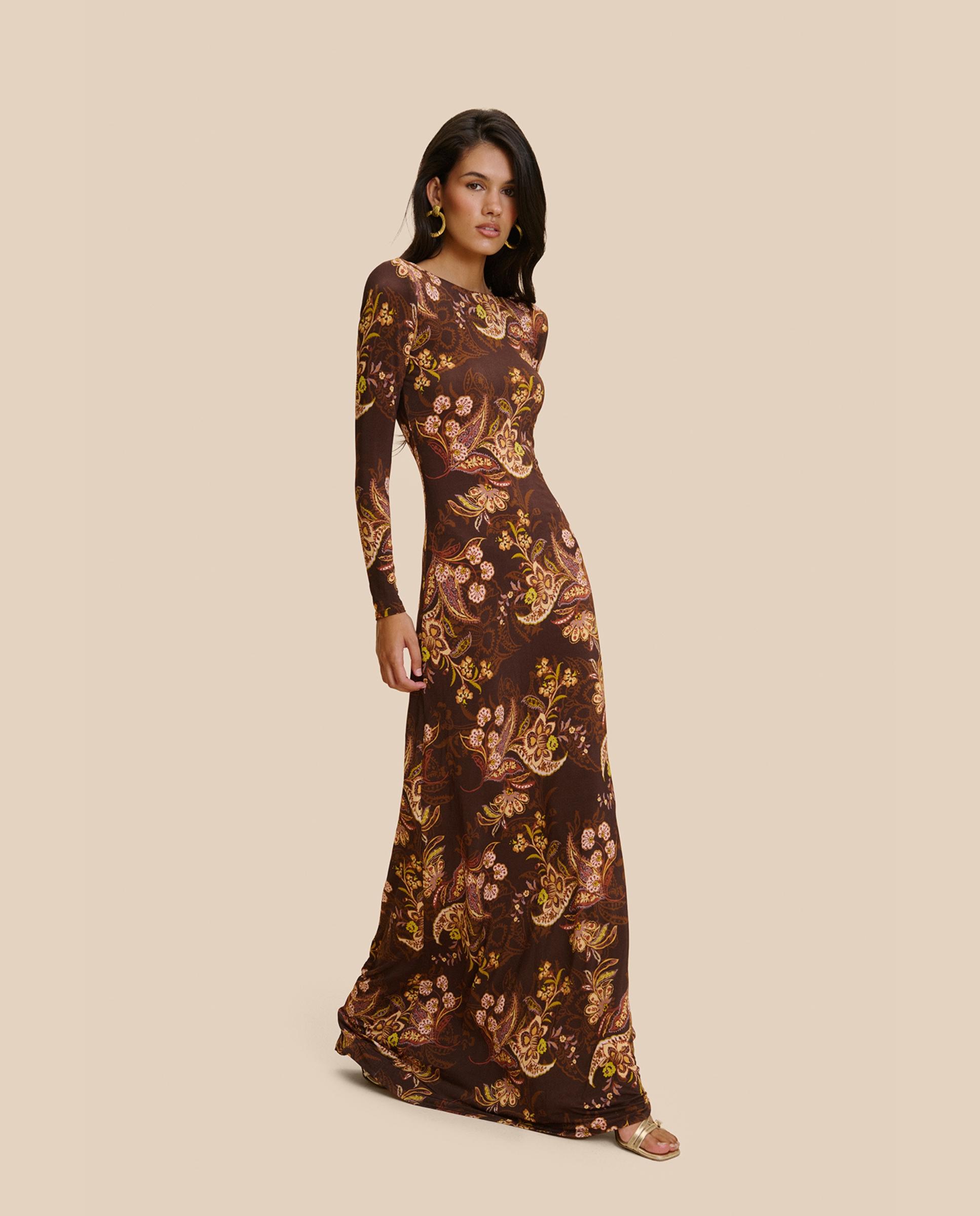 Vestido Comprido de Manga Comprida com Costas Descobertas Castanho-3