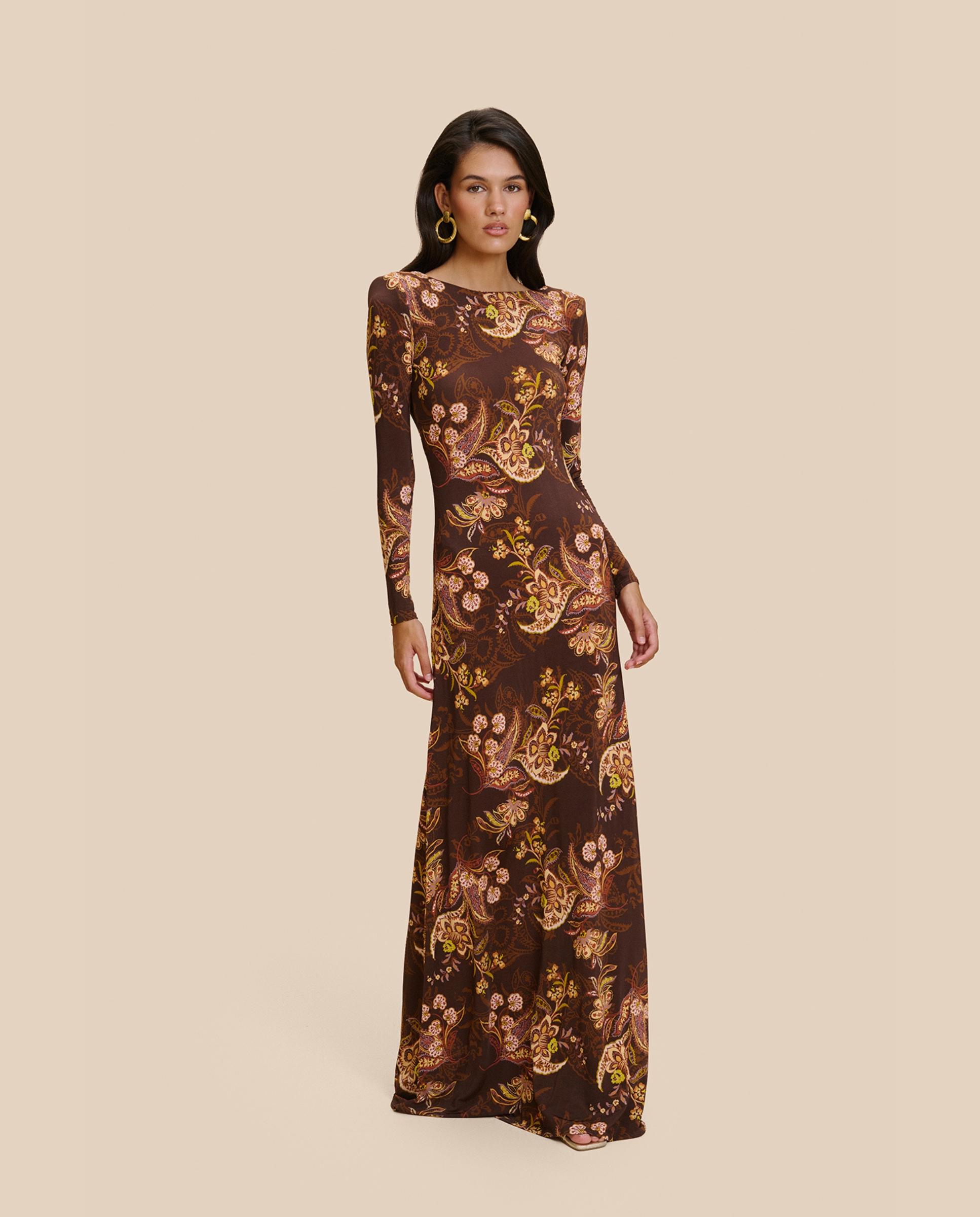 Vestido Comprido de Manga Comprida com Costas Descobertas Castanho-5
