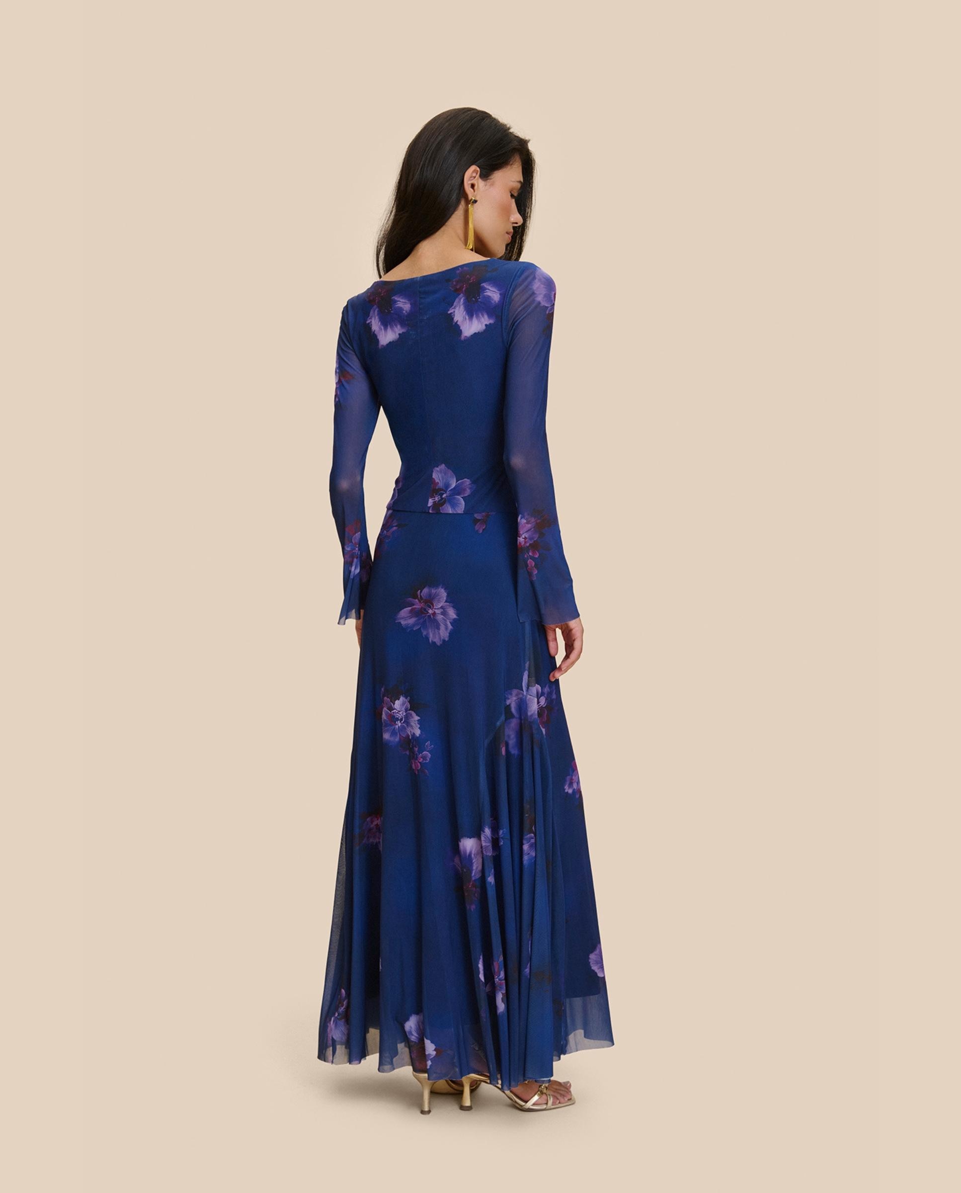 Vestido Comprido de Tule com Decote em V Azul-índigo-2