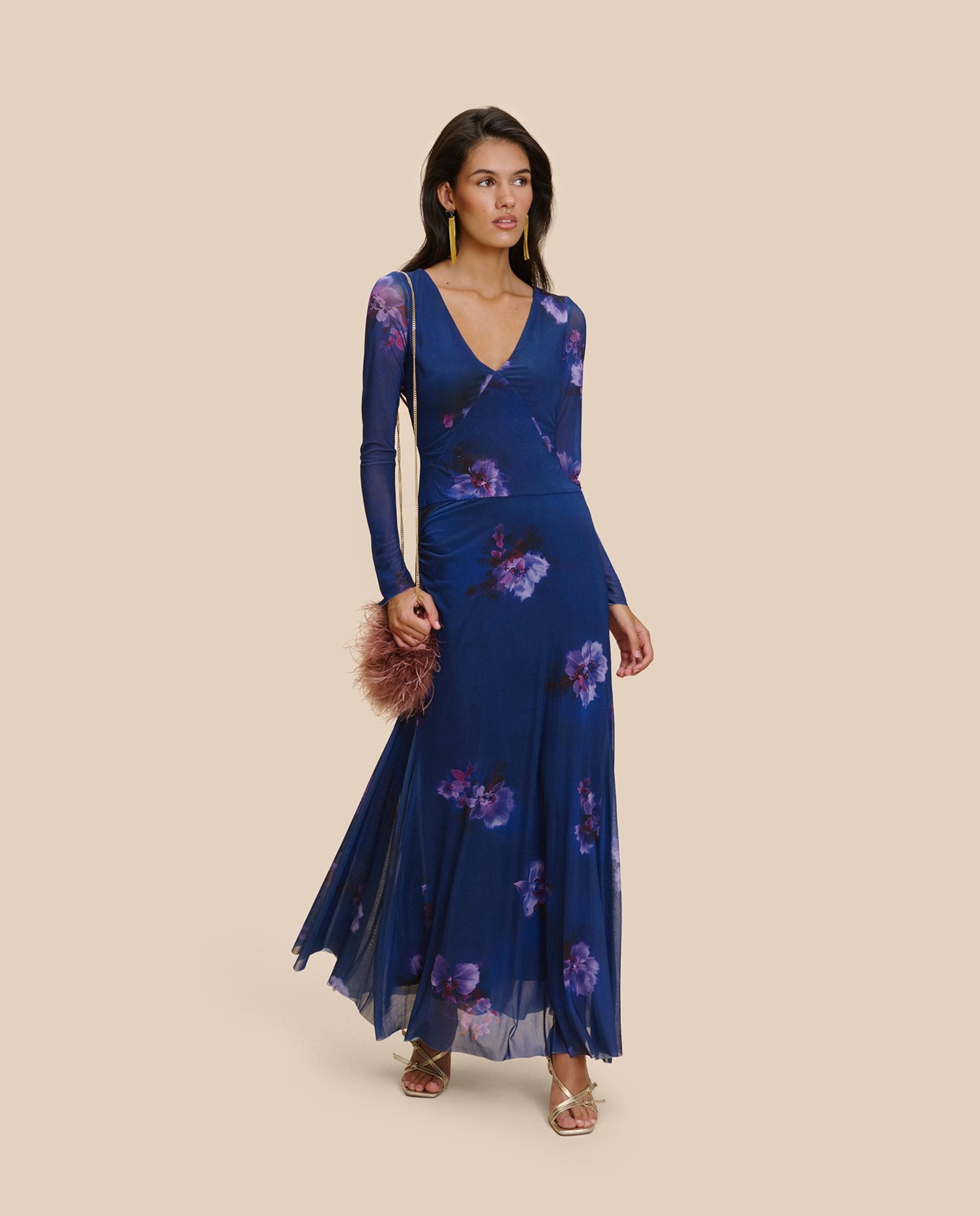 Vestido Comprido de Tule com Decote em V Azul-índigo-4