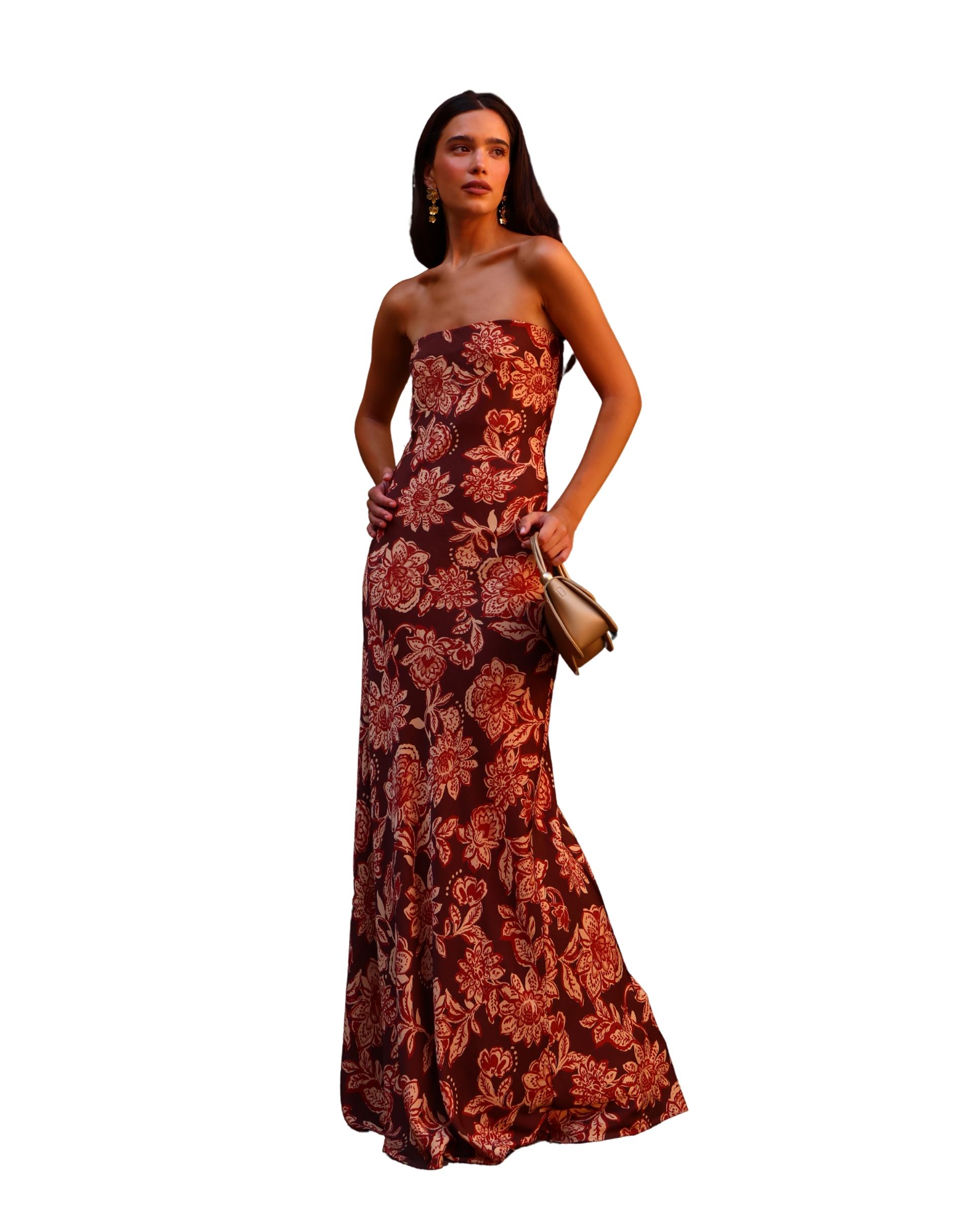 Imagem 0 de Vestido Comprido Estampado com Decote Palavra de Honra