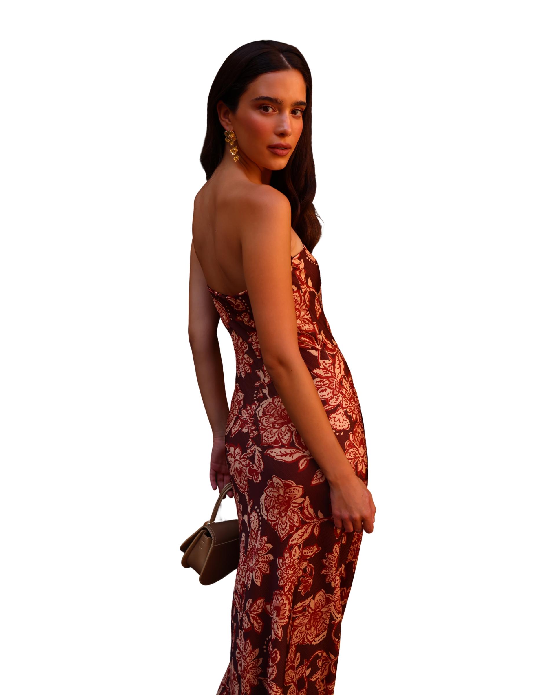 Vestido Comprido Estampado com Decote Palavra de Honra Terracota-3