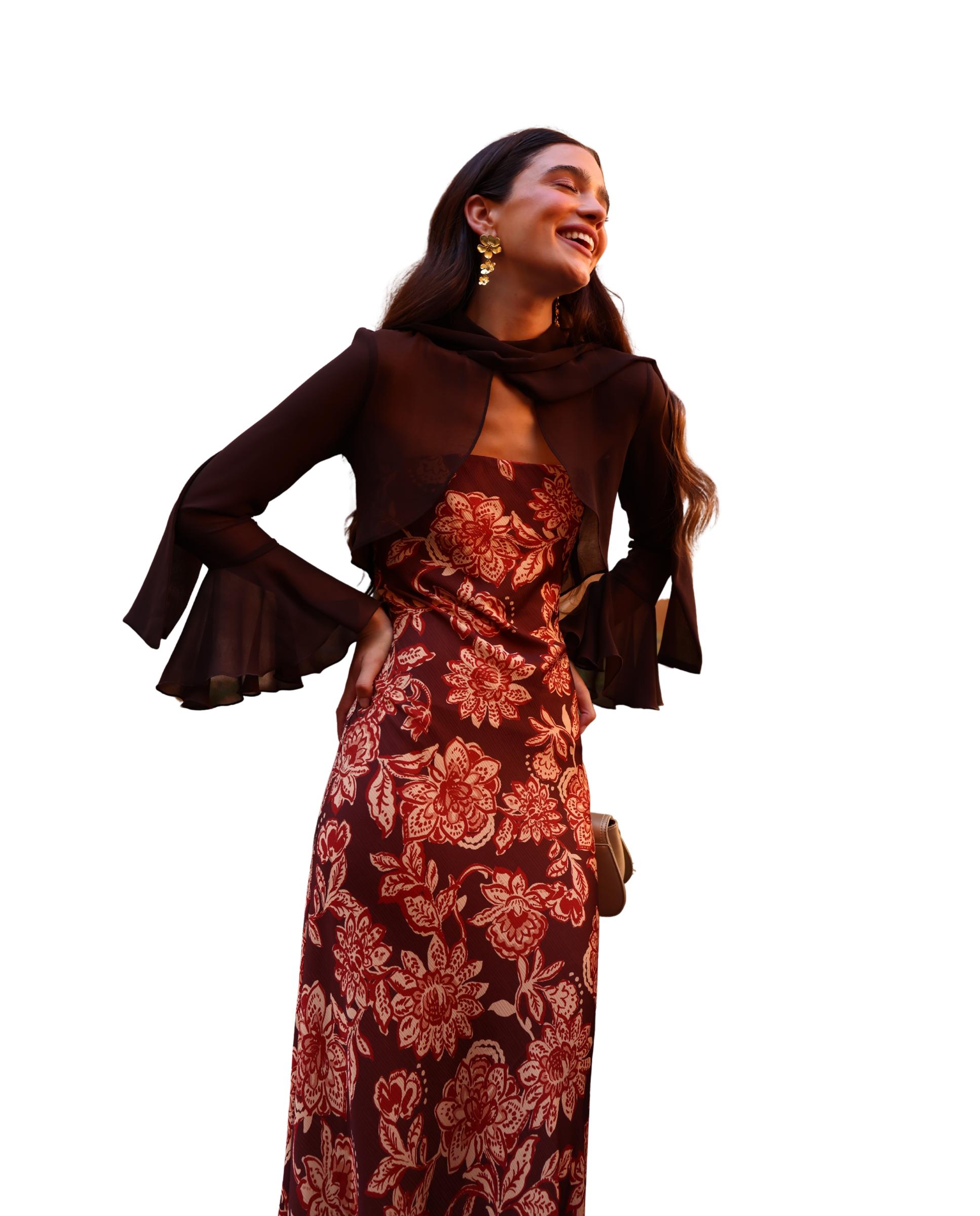 Vestido Comprido Estampado com Decote Palavra de Honra Terracota-4