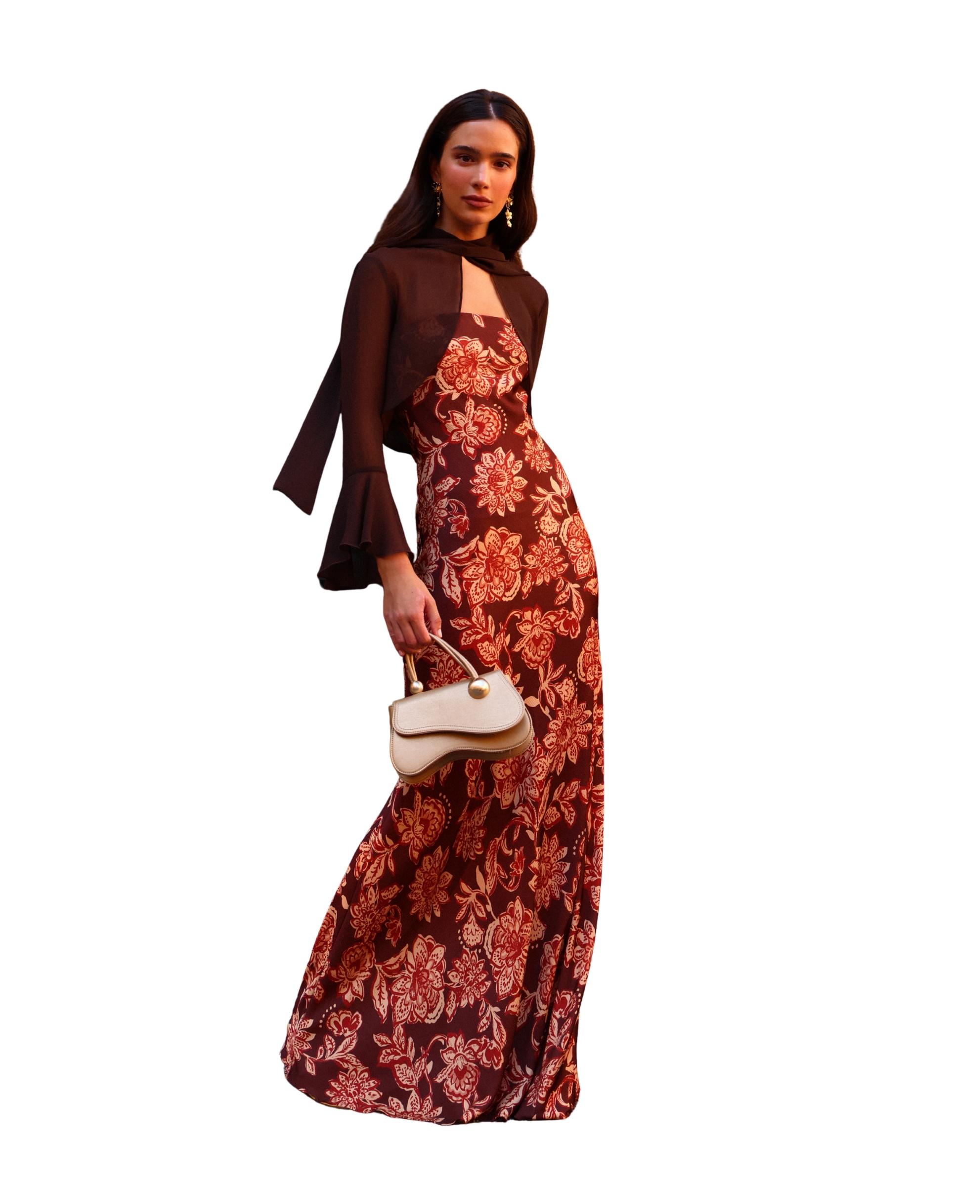 Vestido Comprido Estampado com Decote Palavra de Honra Terracota-5