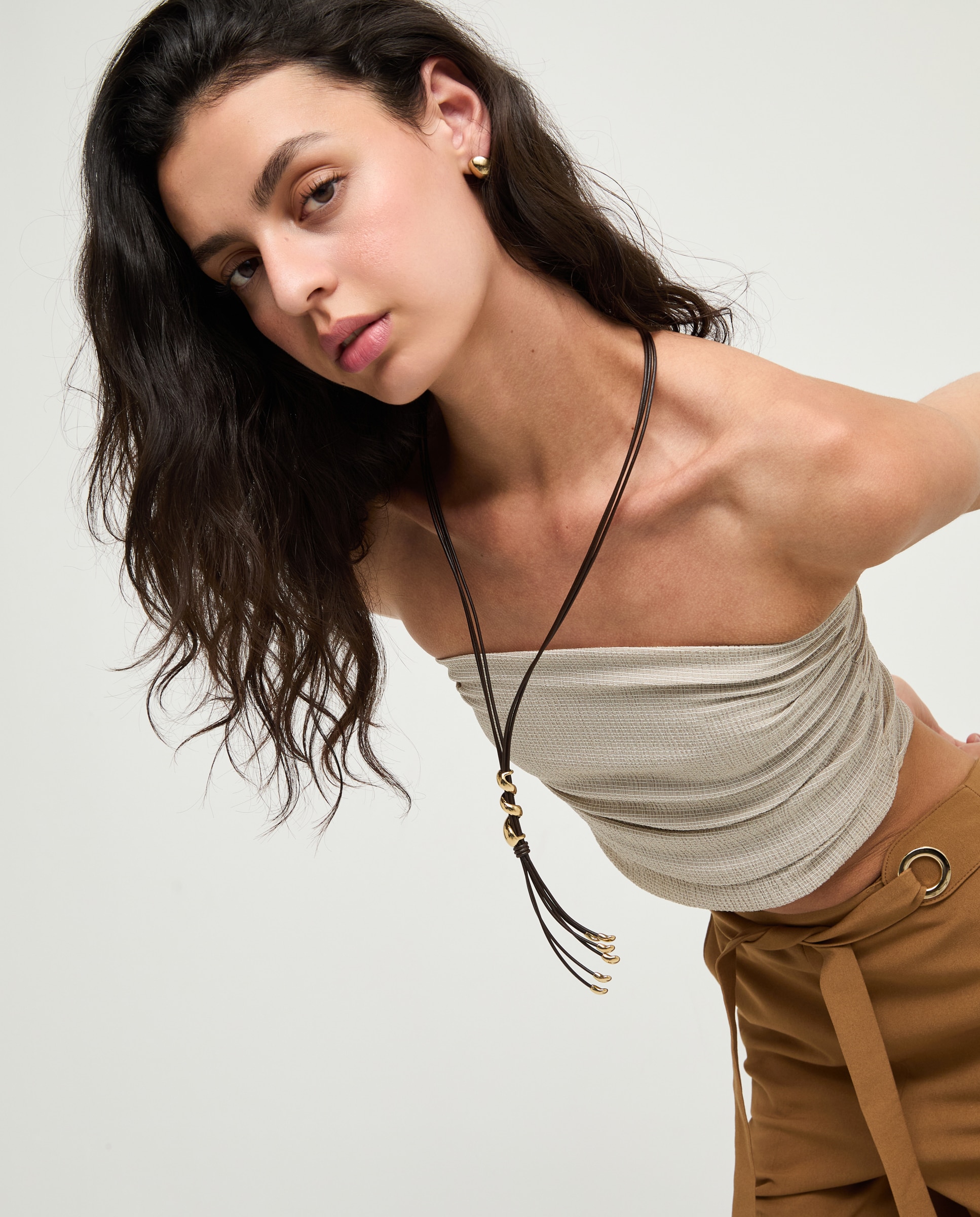 Colar de Couro Comprido com Espiral Banhada a Ouro 18k Ouro-5