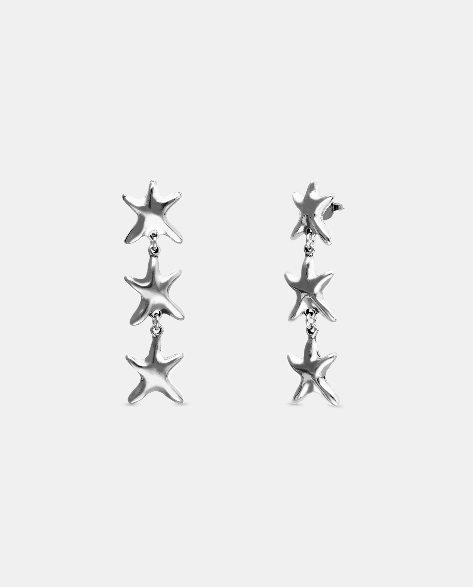 Brincos Compridos Banhados a Prata com Três Estrelas Prata-2