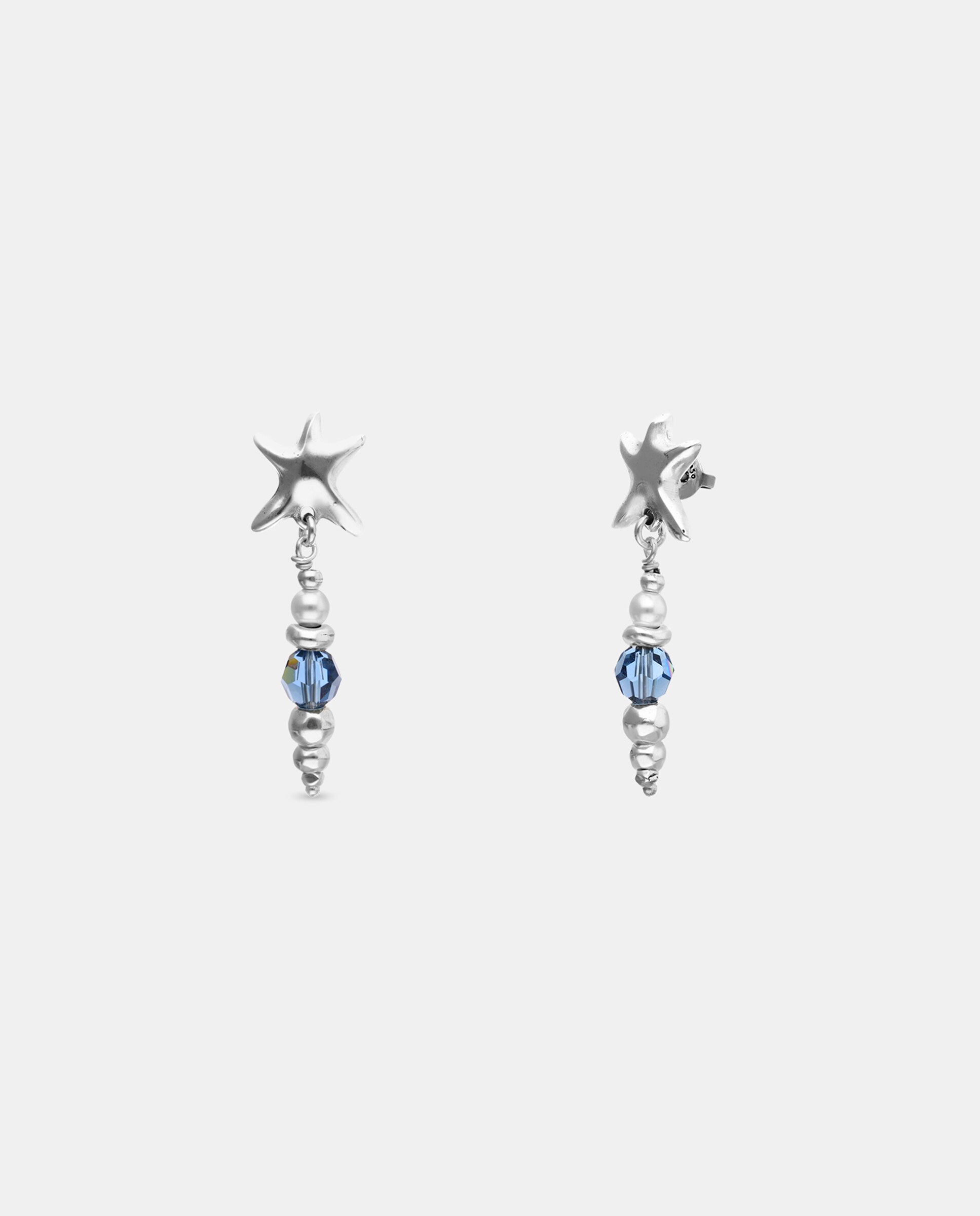 Brincos Compridos Banhados a Prata com Cristal Facetado Azul e Forma de Estrela Prata-2