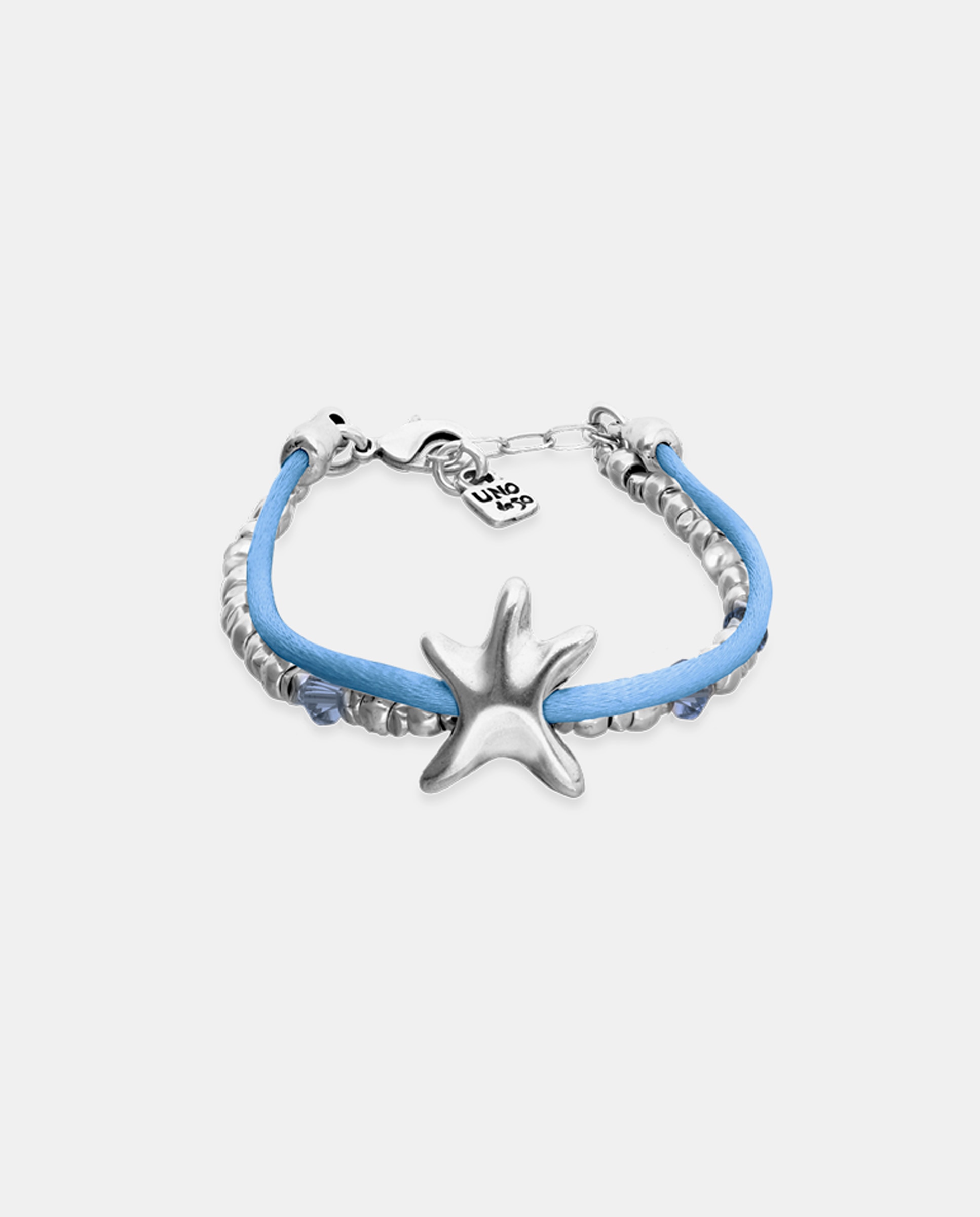 Pulseira com Bolas Prateadas, Cristais Facetados Azuis, Abalório Estrela e Fio de Seda Azul Prata-1